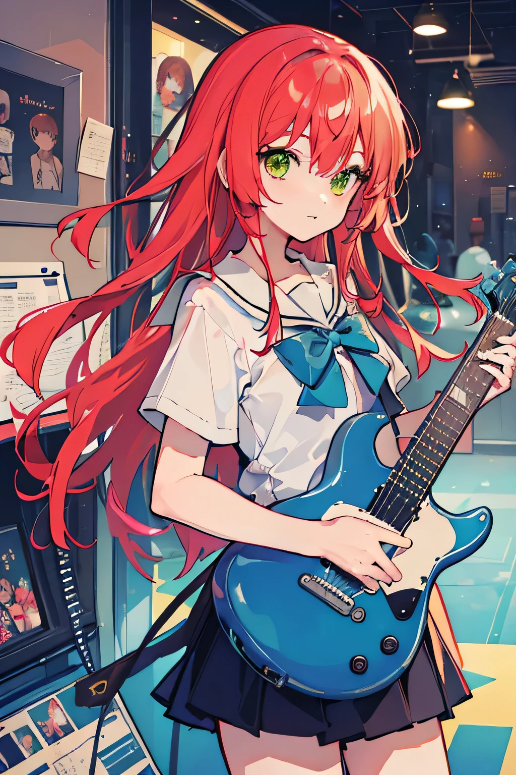 High resolution, highest quality, 超High resolution、beautiful eyes、long hair, redhead, green eyes, looking at the viewer, small breasts、cute anime illustration、perfect lighting、perfect anatomy、perfect fingers、perfect arms、perfect legs、school uniform、guitarshop、choose a guitar