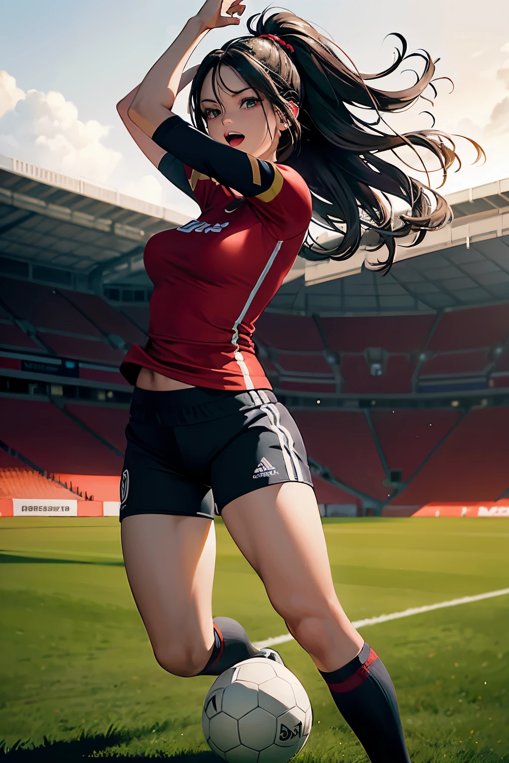 A woman in a vibrant red shirt and form-fitting leggings confidently poses next to a soccer goal, her determined expression reflecting her passion for the game. The vivid colors of her attire contrast starkly against the lush, green grass,creating a visually striking scene. The setting sun casts long, dynamic shadows over the field, adding depth and texture to the image. The soccer goalposts frame her figure perfectly, enhancing the sense of depth and perspective. Her hair, blown gently by the wind, cascades around her face, adding a sense of movement and energy to the composition. The image captures the essence of athleticism and determination, making it a top-quality, hyper-