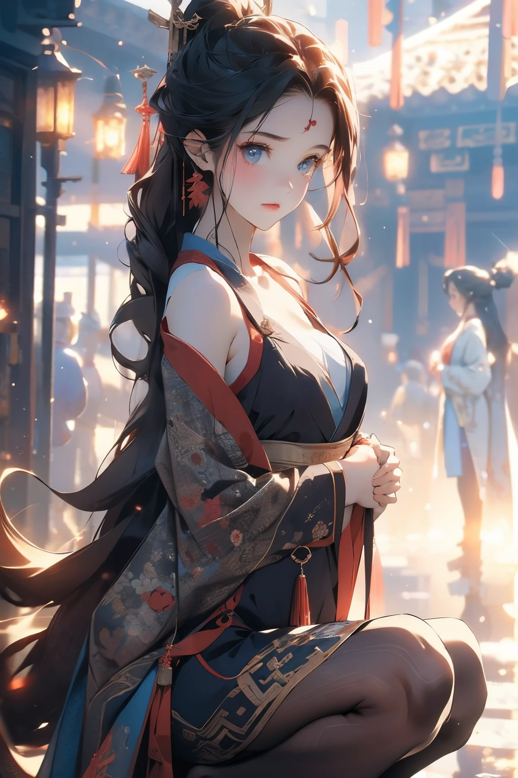 (official art、best quality、Unity 8K Wallpaper、32k、masterpiece、Super detailed、ultra high resolution、actual、Realism:1.2)、(light:1.2)、fire glow effect、film particles、best light and shadow、edge lighting、side lights、(Super detailed且复杂的 3D 渲染)、Exquisite and beautiful face,blue eyes,reddish brown hair,medium breasts, Perfect body,Smile,(Super delicate skin、Detailed skin texture:1.3, blush:1.2)、see whole body,looking into camera, Anime CG style, ((Red gorgeous Hanfu,Show chest,bare shoulders,Black tights)), squatting position,Deep mountain hot spring, (wind blows hair,bare shoulders,exposing her chest,Black tights) , night time,full moon snowing