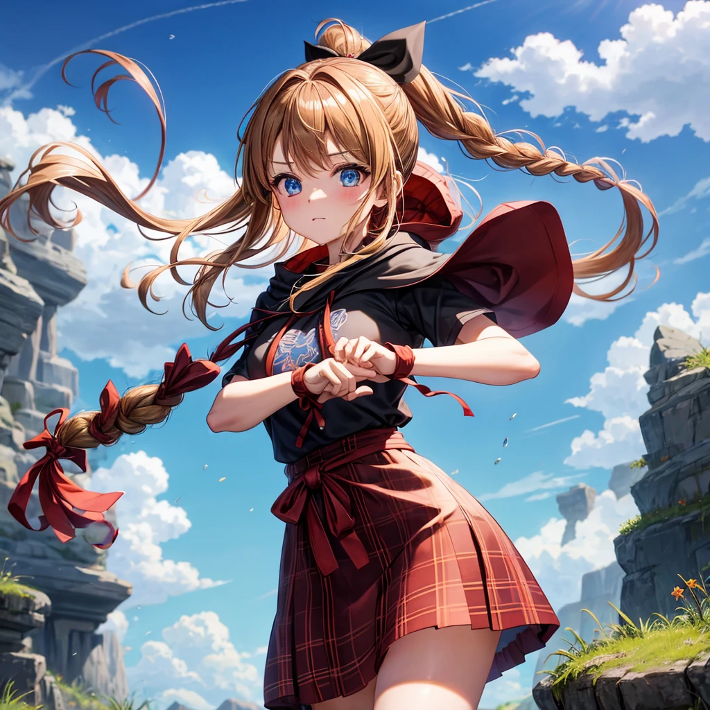 reddish-brown blonde、blue eyes、Braid、ponytail、one good looking girl、solo、anime、Plaid miniskirt、camisole、black t-shirt、dress、Doing the ribbon、Ribbon at waist、cloak、Crystal Grotto、wearing a hood、grass、clouds are swirling、stone slabs are piled up、One hand is raised、wearing a baseball cap