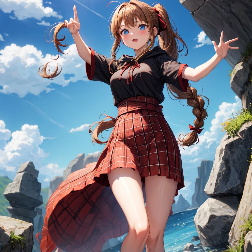 reddish-brown blonde、blue eyes、Braid、ponytail、one good looking girl、solo、anime、Plaid miniskirt、camisole、black t-shirt、dress、Doing the ribbon、Ribbon at waist、cloak、Crystal Grotto、wearing a hood、grass、clouds are swirling、stone slabs are piled up、One hand is raised、wearing a baseball cap