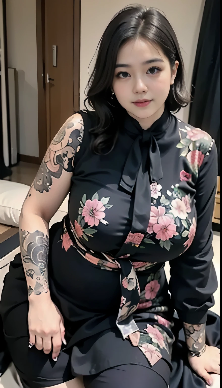 ((best quality)), ((masterpiece)), (detailed), perfect face, Beautiful, mother-in-law, asian-Indonesian , voluptuous, wearing random clothes (formal), In the black room, seductive expression, chubby body, nice body, milf chubby, chinese-Indonesian. Full body, big arm, wide hips , wearing a sneakers, bob hairstyle, , chubby cheeks, 35 year old, chubby tall woman, tattooed thighs , yakuza tattoos , big thighs, big armpits , chubby massive cheeks , thick neck, cold atmosphere, low light, wavy short haired, big breasts, showing her armpits , thick woman, massive thighs, thick arms