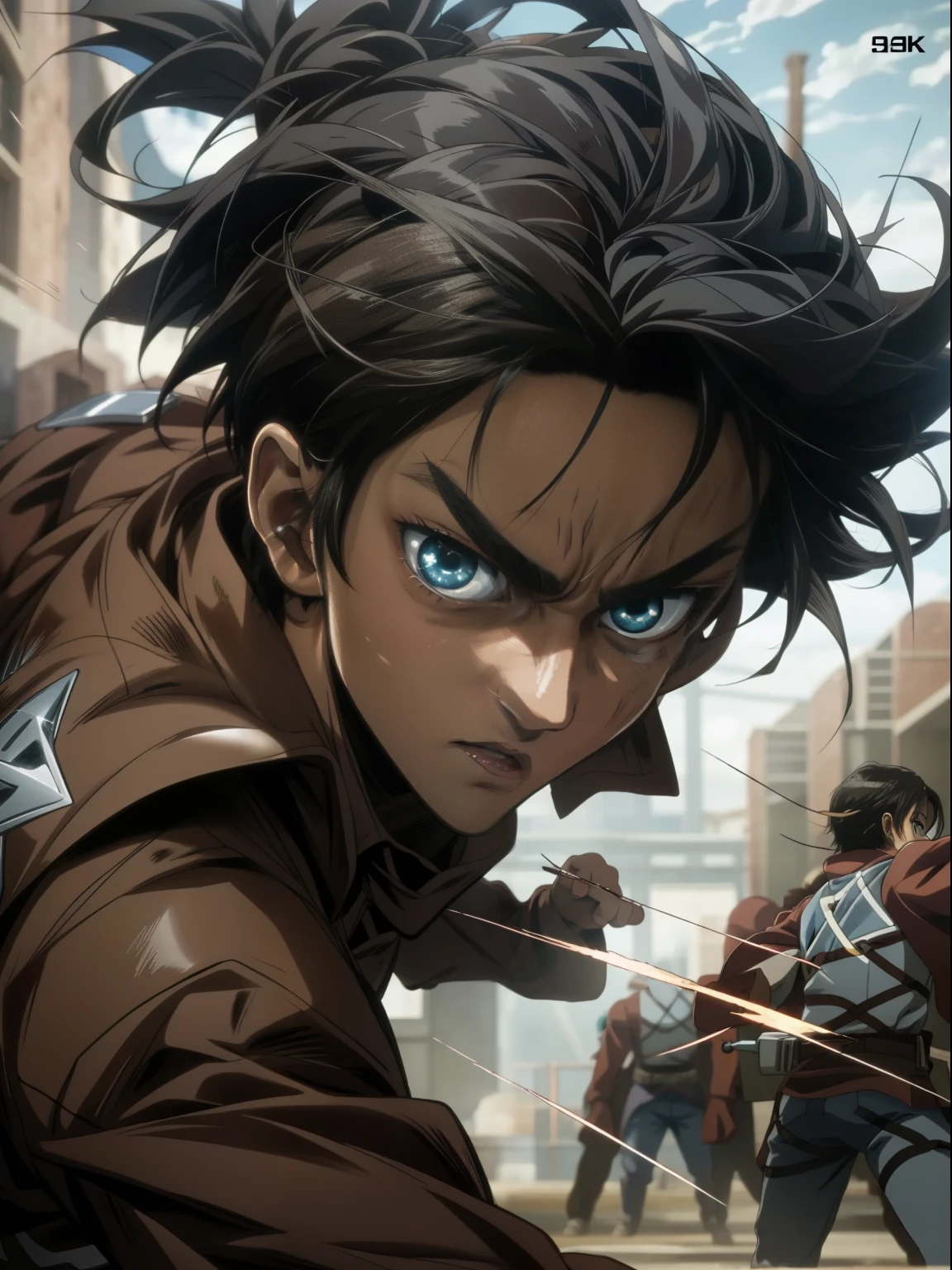 eren jaeger face,attack on titan anime series 8k,Three-dimensional maneuver,battle,dark,blue eyes,