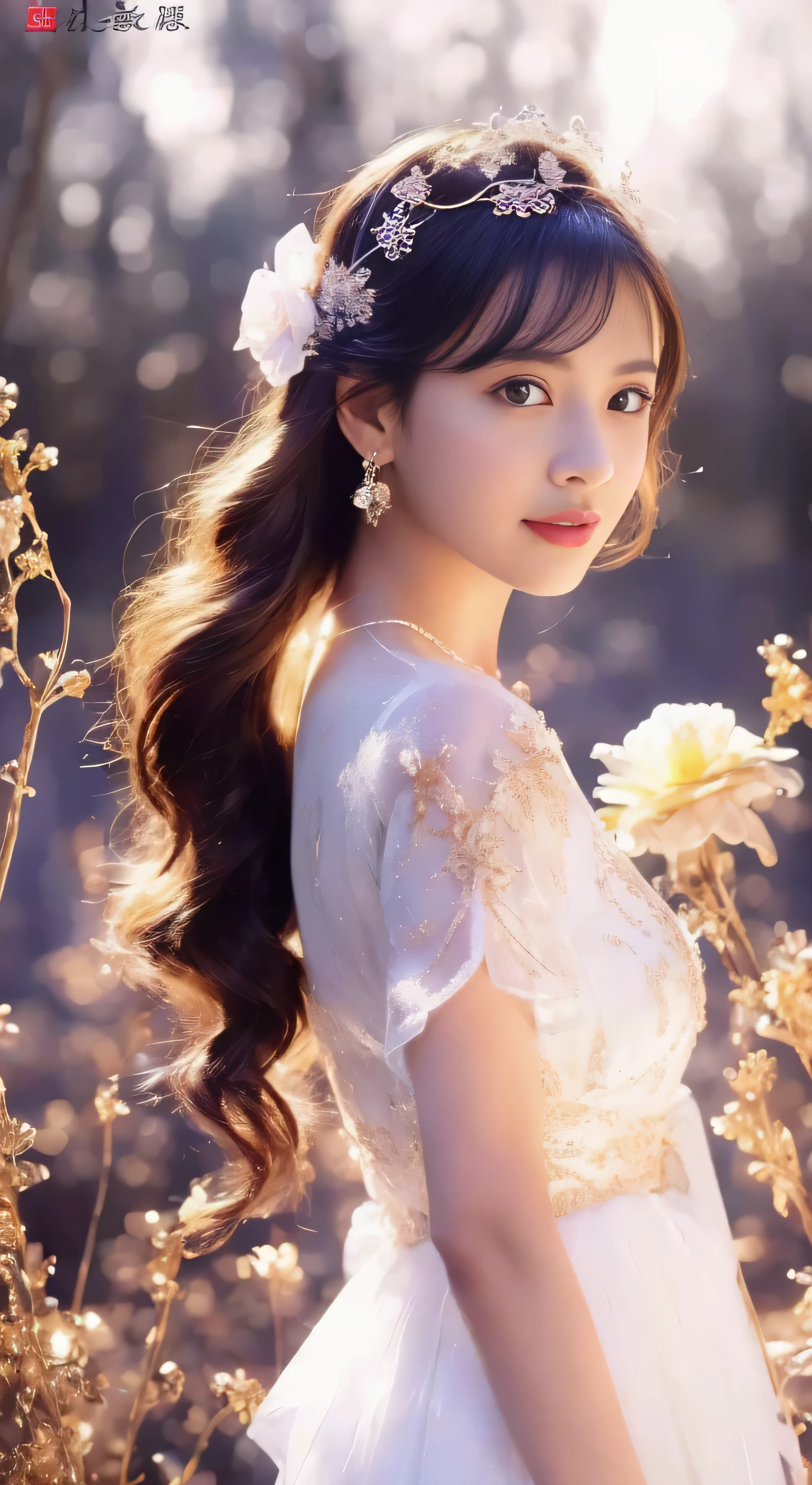 castle in the distance、face is in front、look at the camera、profile、8K、real photos、ultra high resolution, master parts, highest quality, ticker , cinematic images,nice girl、Ann、16 only、Annグロサクソン、double eyelid、droopy eyes、very big eyes、eyes are purple、dark eye shadow、lips are very thin、The tip of your nose grows beautifully...........................................、small nose,,,,, very detailed , silver hair、straight short hair、smile、 sweet expression 、)、very clear shadows , jewelry , fine eyes, Very difficult, shiny skin , パーフェクトブリリAnnト, perfect sentence, dramatic shadow、white tiara on head、Gold necklace around the neck、White aristocratic dress with gold embroidery、glass high heels、angel wings