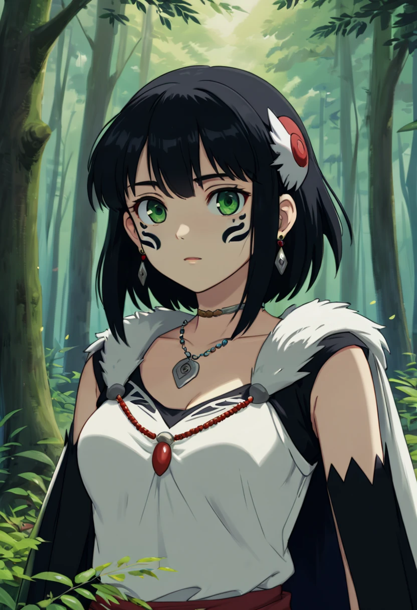 anime screencap from studio ghibli,san \(mononoke hime\),1girl,girl,armlet,bangs,black hair,black undershirt,breasts,cape,circlet,earrings,facepaint,floating hair,forest,fur cape,green eyes,jewelry,looking at viewer,medium breasts,nature,necklace,outdoors,parted bangs,shirt,short hair,sleeveless,sleeveless shirt,solo,tooth necklace,tree,upper body,white shirt, (best quality, masterpiece, Representative work, official art, Professional, Ultra high detail, 8k:1.3)