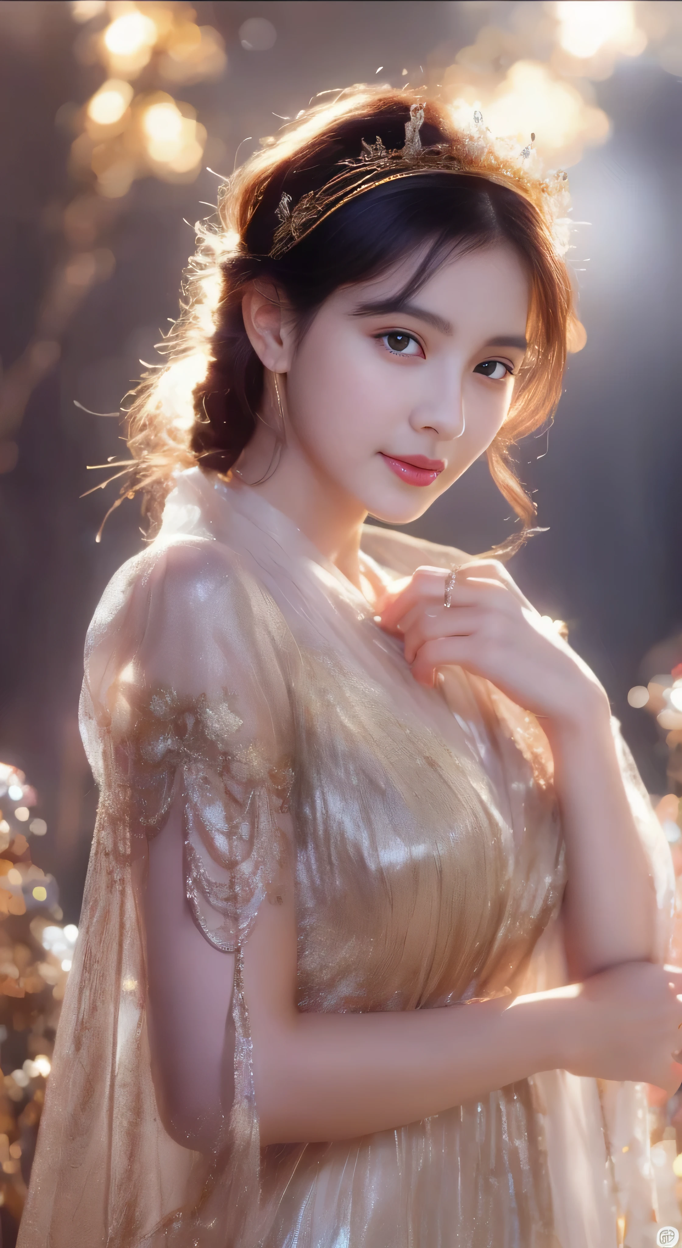 castle in the distance、face is in front、look at the camera、profile、8K、real photos、ultra high resolution, master parts, highest quality, ticker , cinematic images,nice girl、Ann、16 only、Annグロサクソン、double eyelid、droopy eyes、very big eyes、eyes are purple、dark eye shadow、lips are very thin、The tip of your nose grows beautifully...........................................、small nose,,,,, very detailed , silver hair、straight short hair、smile、 sweet expression 、)、very clear shadows , jewelry , fine eyes, Very difficult, shiny skin , パーフェクトブリリAnnト, perfect sentence, dramatic shadow、white tiara on head、Gold necklace around the neck、White aristocratic dress with gold embroidery、glass high heels、angel wings