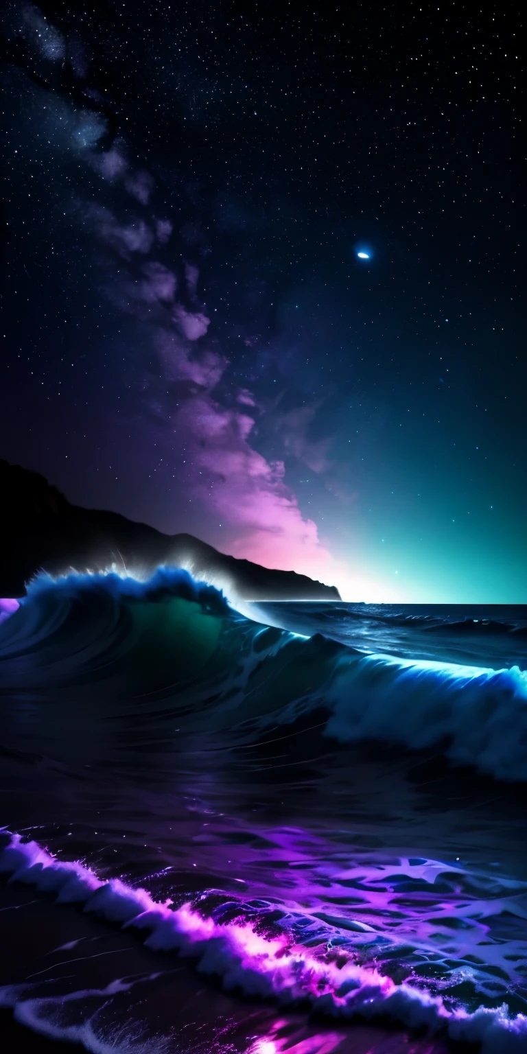 bioluminescent stars in the sky, pink half moon, touquois sky, soft cotton clouds, tourqouis ocean waves, shiny, purple water, galaxy, complementing lighting