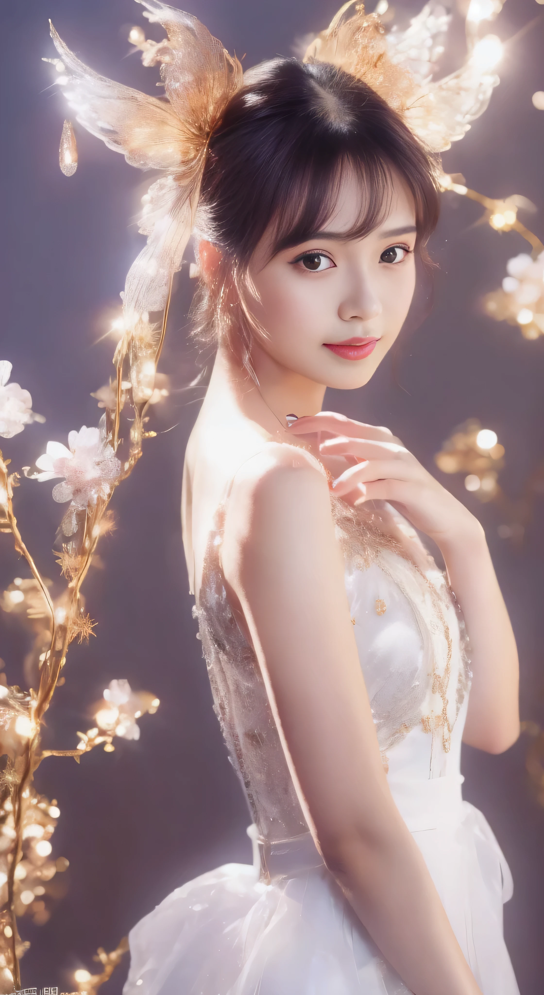 castle in the distance、face is in front、look at the camera、profile、8K、real photos、ultra high resolution, master parts, highest quality, ticker , cinematic images,nice girl、Ann、16 only、Annグロサクソン、double eyelid、droopy eyes、very big eyes、eyes are purple、dark eye shadow、lips are very thin、The tip of your nose grows beautifully...........................................、small nose,,,,, very detailed , silver hair、straight short hair、smile、 sweet expression 、）、very clear shadows , jewelry , fine eyes, Very difficult, shiny skin , パーフェクトブリリAnnト, perfect sentence, dramatic shadow、white tiara on head、Gold necklace around the neck、White aristocratic dress with gold embroidery、glass high heels、angel wings