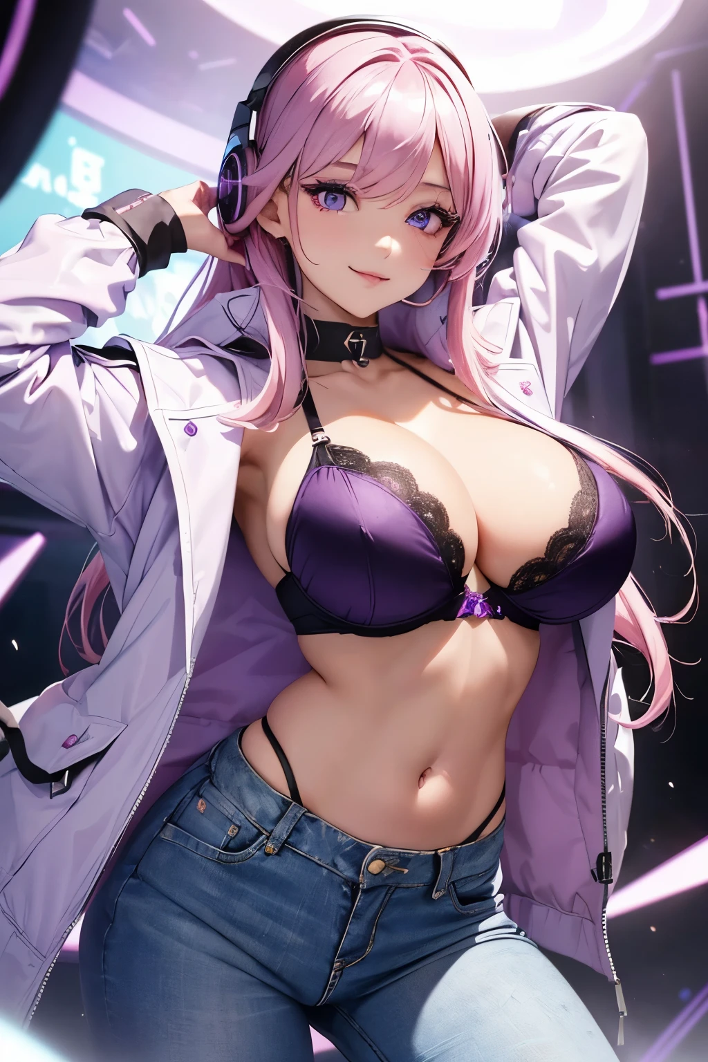 1girl(masterpiece, round_iris, extremely crisp crystalline shiny purple eyes, perfect_anatomy, extremely_captivating_hypnotic_mystic_eyes, ) perfect face, long pastel pink hair, smiling evil, huge breasts, wearing a bra with a jacket and jeans, dynamic pose, headset, best quality, 4k