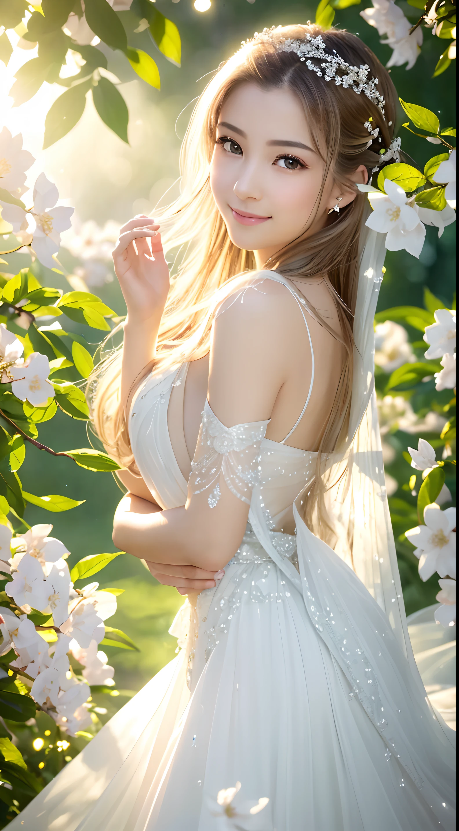 (highest quality,4K,High resolution,super detailed,realistic:1.37),Bright colors,sunlight,light,bergamot,White flower,beautiful girl,exquisite features,flowing hair,calm expression,Garden setting,Elaborate dresses,soft sunlight,breeze,bright atmosphere,Backlit scene,Smile Tips,ethereal glow,Fresh in the morning,long shadows,Harmony of nature,subtle reflection,beauty of nature,sparkling dew,clear detail,tranquility and calm,Sublime ingredients,Arrive at the branch,Whispering leaves,Petals in aromatherapy,light shines,shining highlights,subtle shadow,soft focus,Sublime beauty,whisper natural,fantastic atmosphere,Illuminated background.