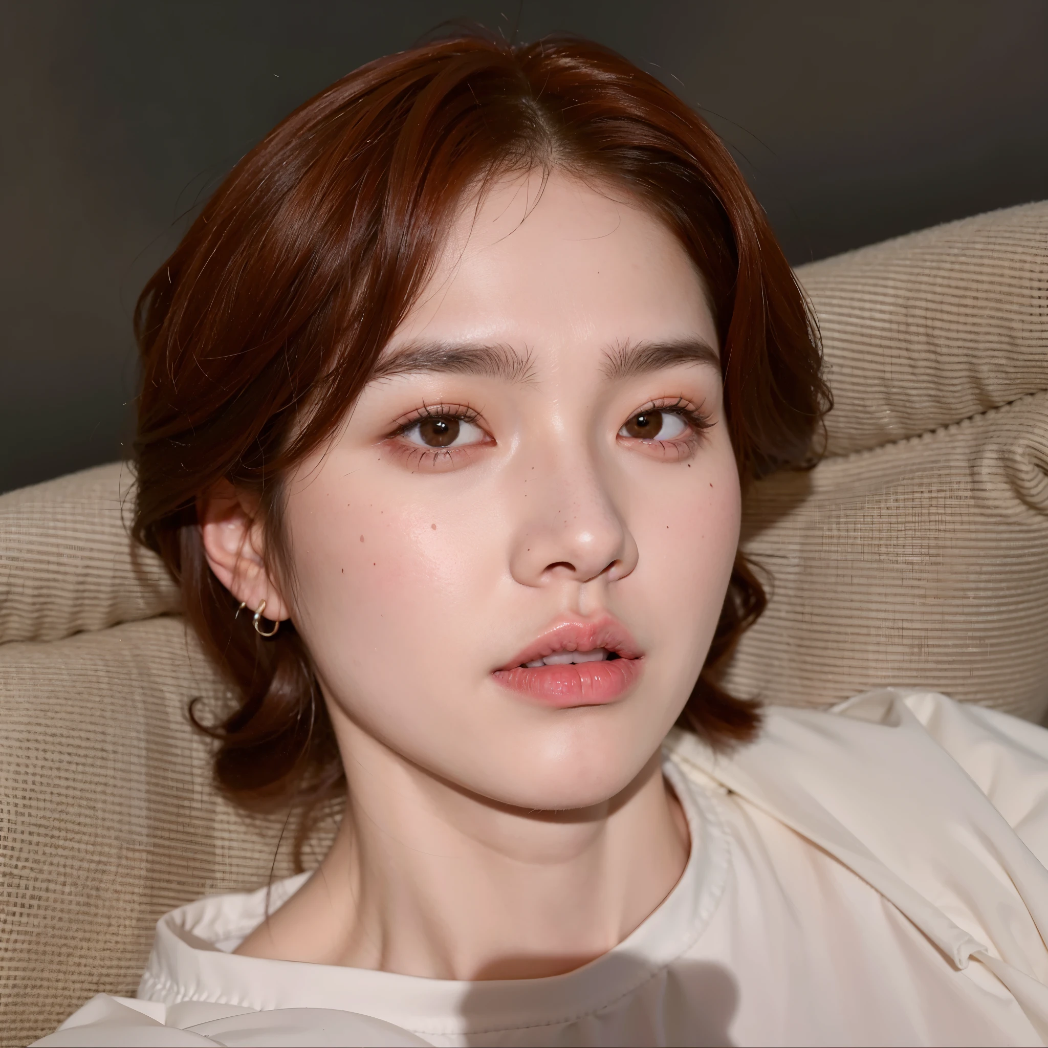 A closeup of a person sitting on a couch with a cell phone, kpop idol portrait, Jimin\the right eyelid is swollen, Jung Jaehyun, taejune kim, Yoongi de cabelo preto, Retrato de Jossi do Blackpink, com cabelo curto, Jimin\o nariz grego, single realistic face, Yanjun Chengt, com rosto redondo