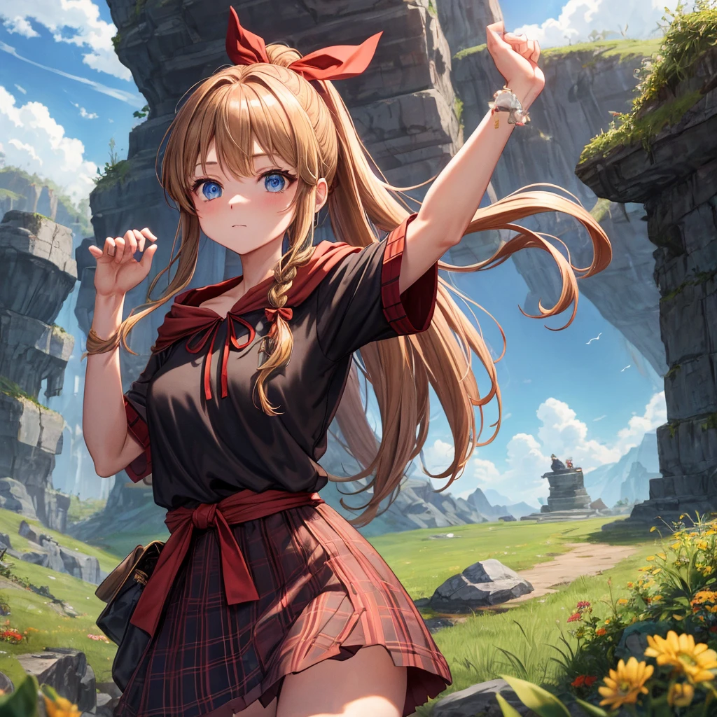 reddish-brown blonde、blue eyes、Braid、ponytail、one good looking girl、solo、anime、Plaid miniskirt、camisole、black t-shirt、dress、Doing the ribbon、Ribbon at waist、cloak、Crystal Grotto、wearing a hood、grass、clouds are swirling、stone slabs are piled up、One hand is raised、Wearing a baseball cap