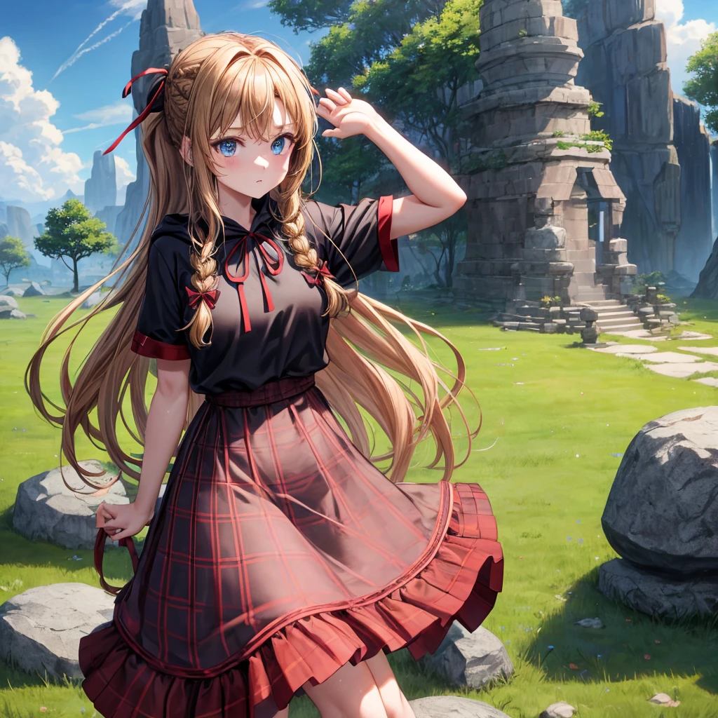 reddish-brown blonde、blue eyes、Braid、ponytail、one good looking girl、solo、anime、Plaid miniskirt、camisole、black t-shirt、dress、Doing the ribbon、Ribbon at waist、cloak、Crystal Grotto、wearing a hood、grass、clouds are swirling、stone slabs are piled up、One hand is raised、Wearing a baseball cap