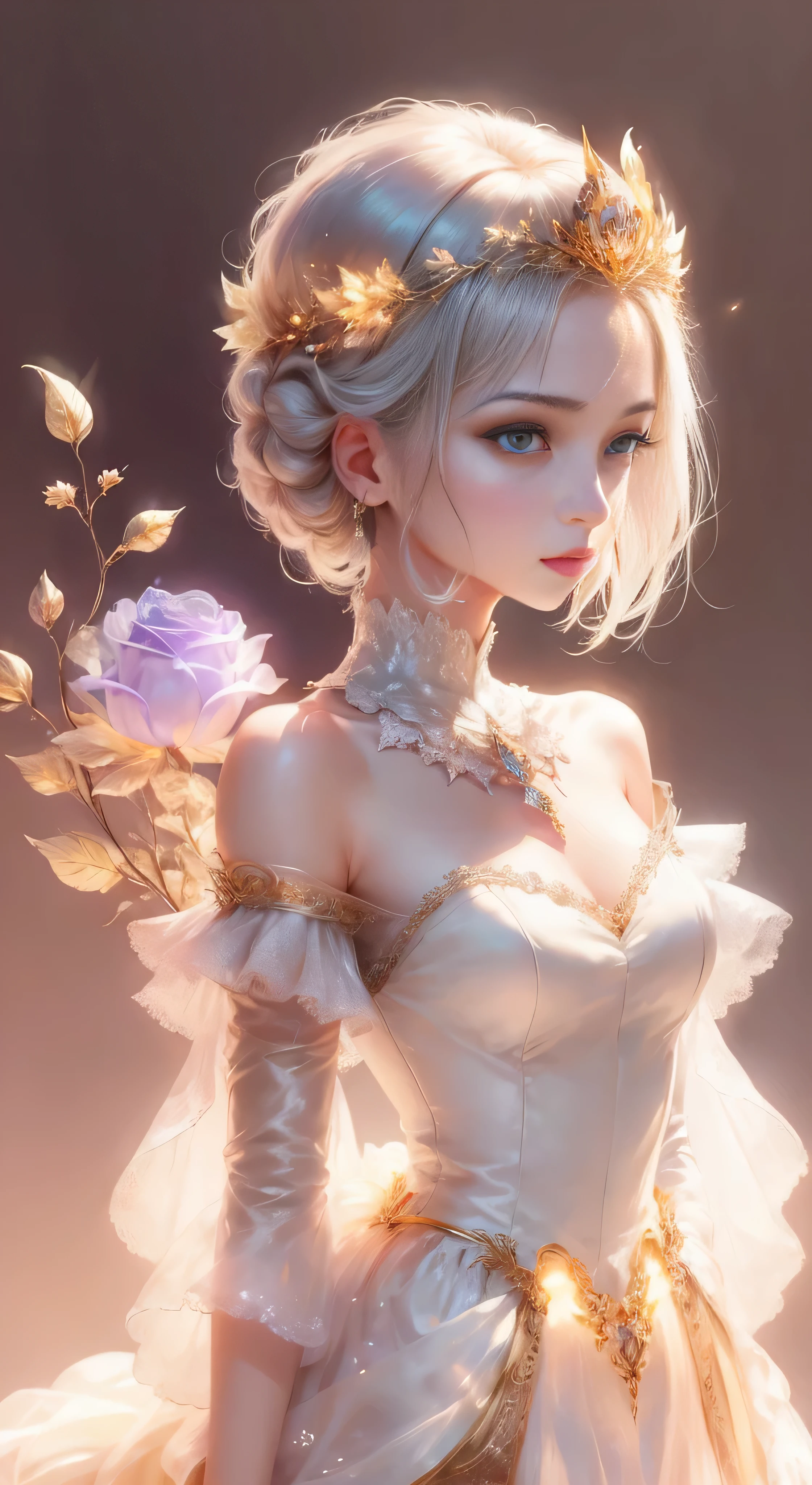 castle in the distance、face is in front、look at the camera、profile、8K、real photos、ultra high resolution, master parts, highest quality, ticker , cinematic images,nice girl、Ann、16 only、Annグロサクソン、double eyelid、droopy eyes、very big eyes、eyes are purple、dark eye shadow、lips are very thin、The tip of your nose grows beautifully.......................................................、small nose,,,,, very detailed , silver hair、straight short hair、smile、 sweet expression 、)、very clear shadows , jewelry , fine eyes, Very difficult, shiny skin , パーフェクトブリリAnnト, perfect sentence, dramatic shadow、white tiara on head、Gold necklace around the neck、White aristocratic dress with gold embroidery、glass high heels、angel wings