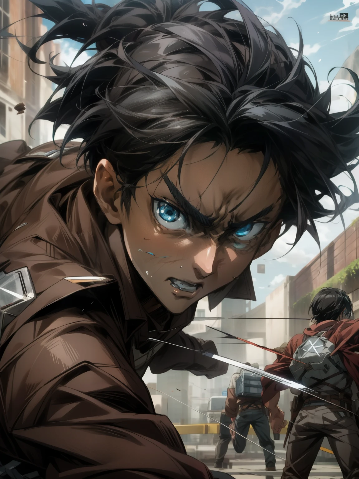 eren jaeger face,attack on titan anime series 8k,Three-dimensional maneuver,battle,dark,blue eyes,