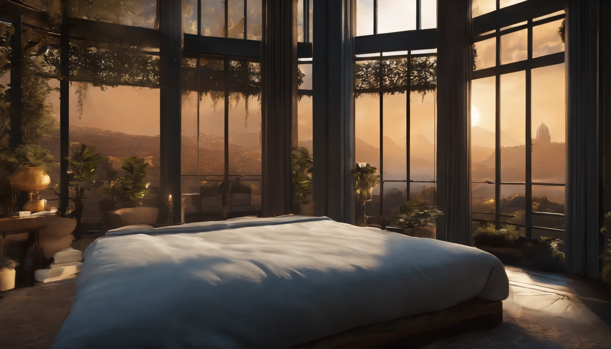 A Gorgeous Bedroom Matte Painting par John Harris, Sparth et Greg Rutkowski. sharp edges, Bleu tiffany, gris orange, white and gold. warm Chambre dans une base spatiale, Outside the windows A old medieval city, light effect. Ultra clear detailed, 3 d, Rendu octane. 8 km