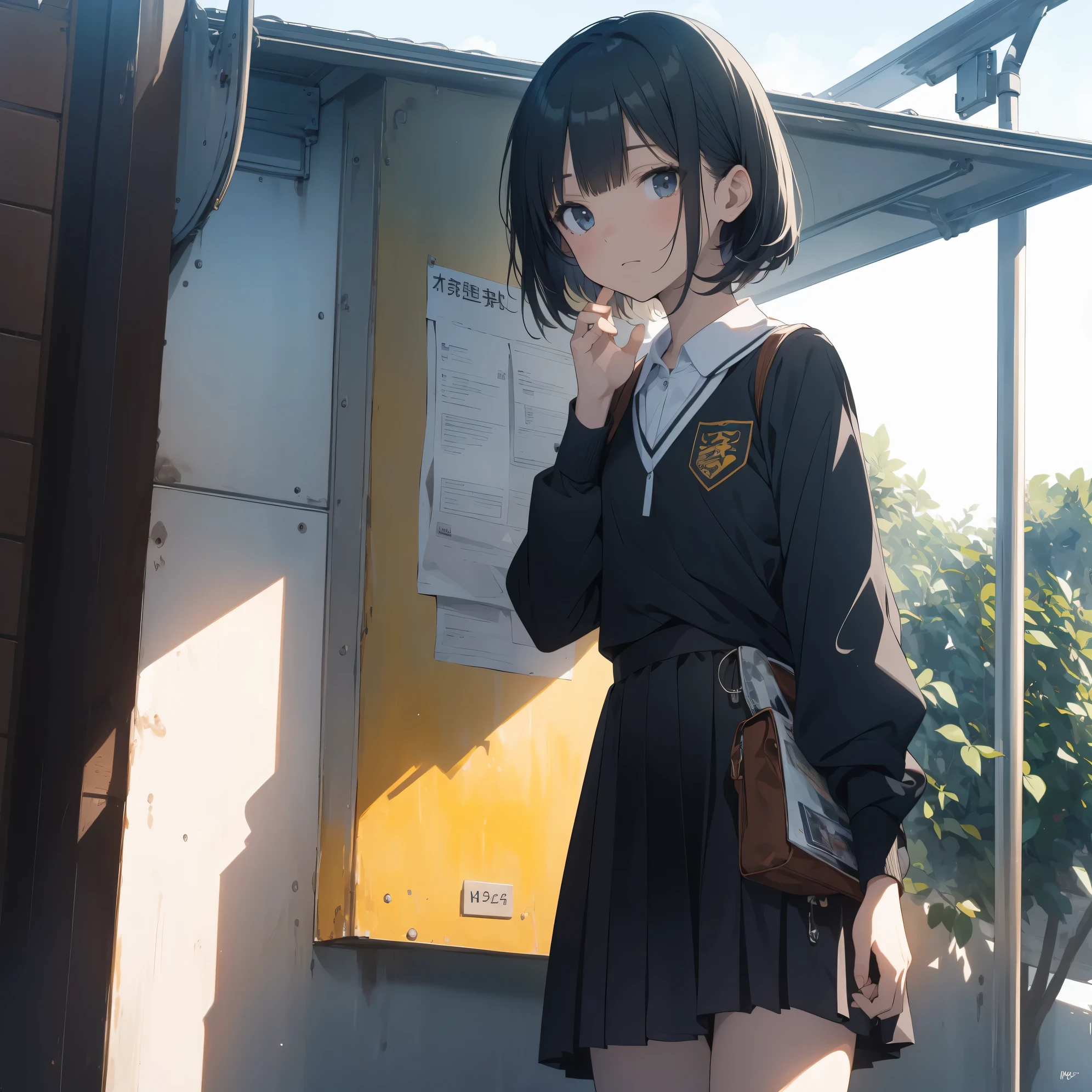 Super high quality by the art god, super detailed, High resolution, Shinkai Makoto style, anime moe art style, best anime 8K konachan wallpaper, pixiv contest winner, perfect anatomy, break,(眠そうにalone学校へ行く女の子を描いてください. )break, 1 girl, (alone,little woman, ta, , 13 y),All limbs, full finger,, The charm of an immature body, (very short hair), flat chest, small ass, between legs, slim legs, Small black eyes, beautiful and fine eyes, Well-proportioned iris and pupils, expressive eyes, disgusted eyes, High resolutionの詳細な髪, wearing school uniform, (skirt),(detailed lighting), (detailed background), On the way to school. break,super dense skin, Best lighting by famous artists, 8K, figure,UHD, rough skin
