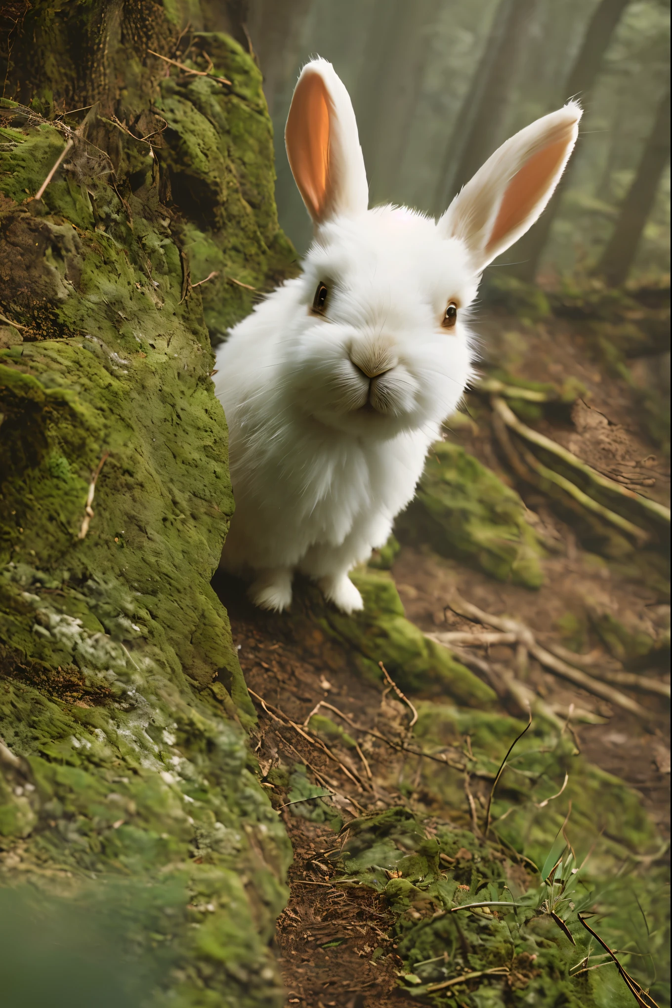 classicnegative portrait photo, fantasy video game character concept art, a cute white fluffy rabbit wearing a small brown leather backpack looking at a map hiking through a forest, dungeons and dragons, fantasy, river, haze, halation, bloom, dramatic atmosphere, 1970s dark fantasy movie, centred, rule of thirds
