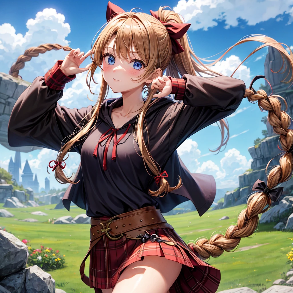 reddish-brown blonde、blue eyes、Braid、ponytail、one good looking girl、solo、anime、Plaid miniskirt、camisole、black t-shirt、dress、Doing the ribbon、Ribbon at waist、cloak、Crystal Grotto、wearing a hood、grass、clouds are swirling、stone slabs are piled up、One hand is raised、Wearing a baseball cap