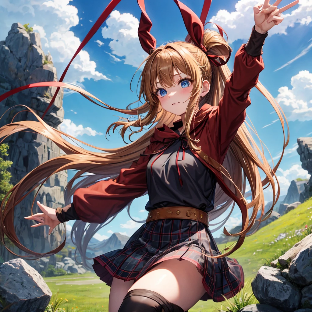 reddish-brown blonde、blue eyes、Braid、ponytail、one good looking girl、solo、anime、Plaid miniskirt、camisole、black t-shirt、dress、Doing the ribbon、Ribbon at waist、cloak、Crystal Grotto、wearing a hood、grass、clouds are swirling、stone slabs are piled up、One hand is raised、Wearing a baseball cap