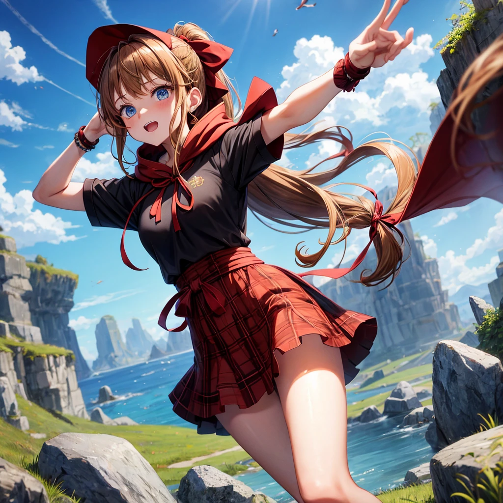 reddish-brown blonde、blue eyes、Braid、ponytail、one good looking girl、solo、anime、Plaid miniskirt、camisole、black t-shirt、dress、Doing the ribbon、Ribbon at waist、cloak、Crystal Grotto、wearing a hood、grass、clouds are swirling、stone slabs are piled up、One hand is raised、Wearing a baseball cap