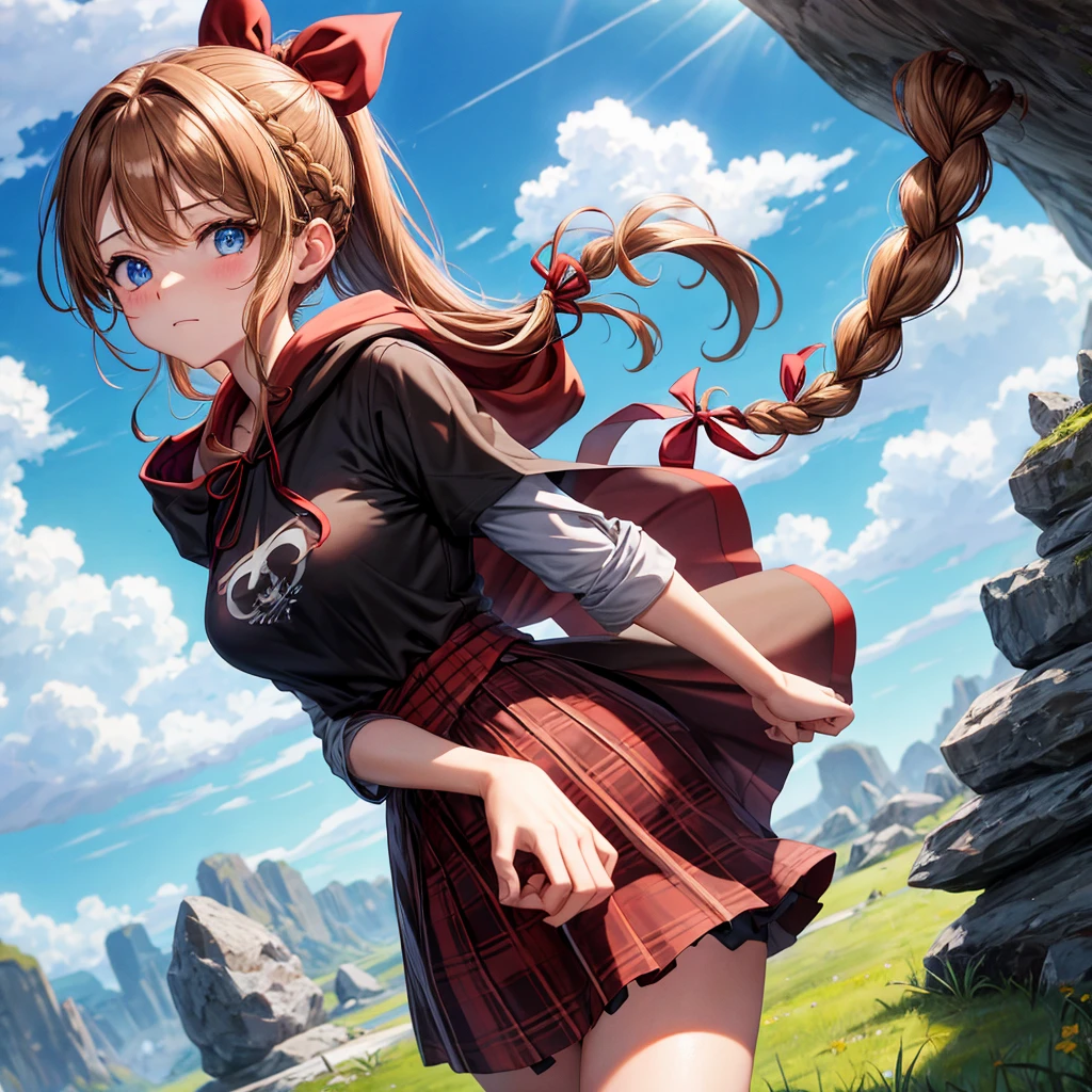 reddish-brown blonde、blue eyes、Braid、ponytail、one good looking girl、solo、anime、Plaid miniskirt、camisole、black t-shirt、dress、Doing the ribbon、Ribbon at waist、cloak、Crystal Grotto、wearing a hood、grass、clouds are swirling、stone slabs are piled up、One hand is raised、Wearing a baseball cap
