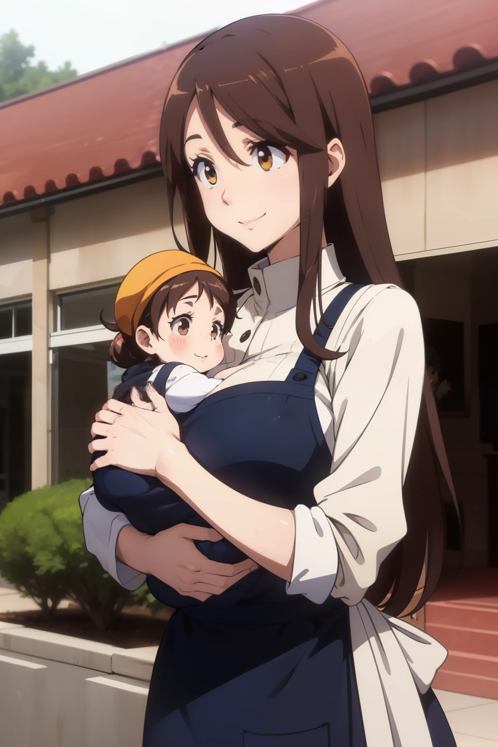 anime colored,iida nana rw,brown eyes, brown hair, long hair,sweater,apron,gigantic breasts,(Holding a baby:1.5),Smile,((house wife)),()