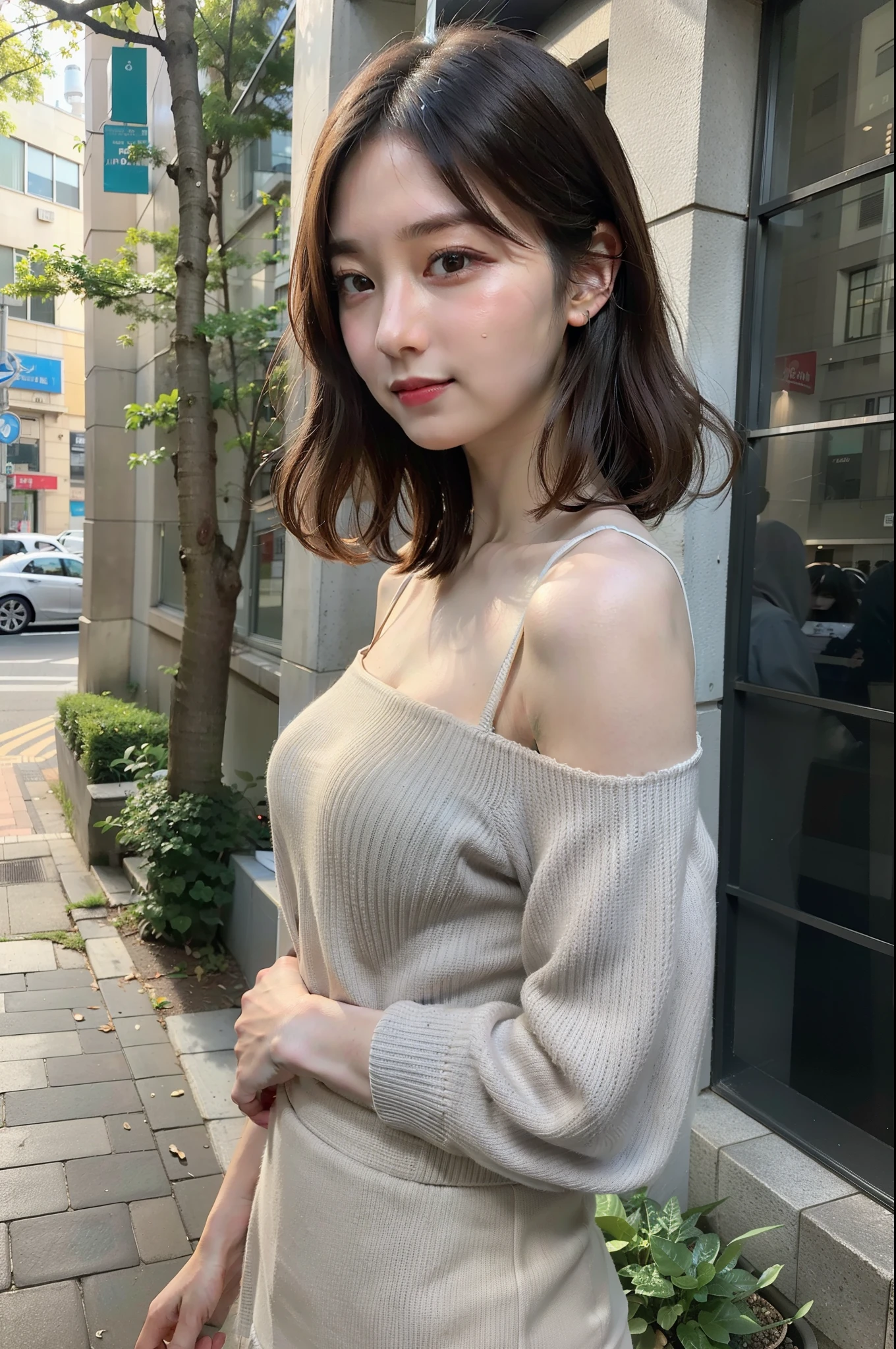 ((8K:1.27)、highest quality、masterpiece、ultra high resolution:1.2)photograph、photograph、japanese woman、elegant、neat、cute、shortcut、laughter、24-years-old、elegant、handsome face、gentle smile、Close-up of a woman wearing a gray jacket and white skirt, plain colors、with short hair, Grey halter top, halter top, halter neck, gray top, (super realistic pantyhose:1.3)、Omotesando、street tree、Morning cityscape、fashionable town、The morning sun is dazzling、small breasts、street tree、胸を強調したhalter top、angle from the side、hair blowing in the wind、tote bag、(full body shot:1.5),