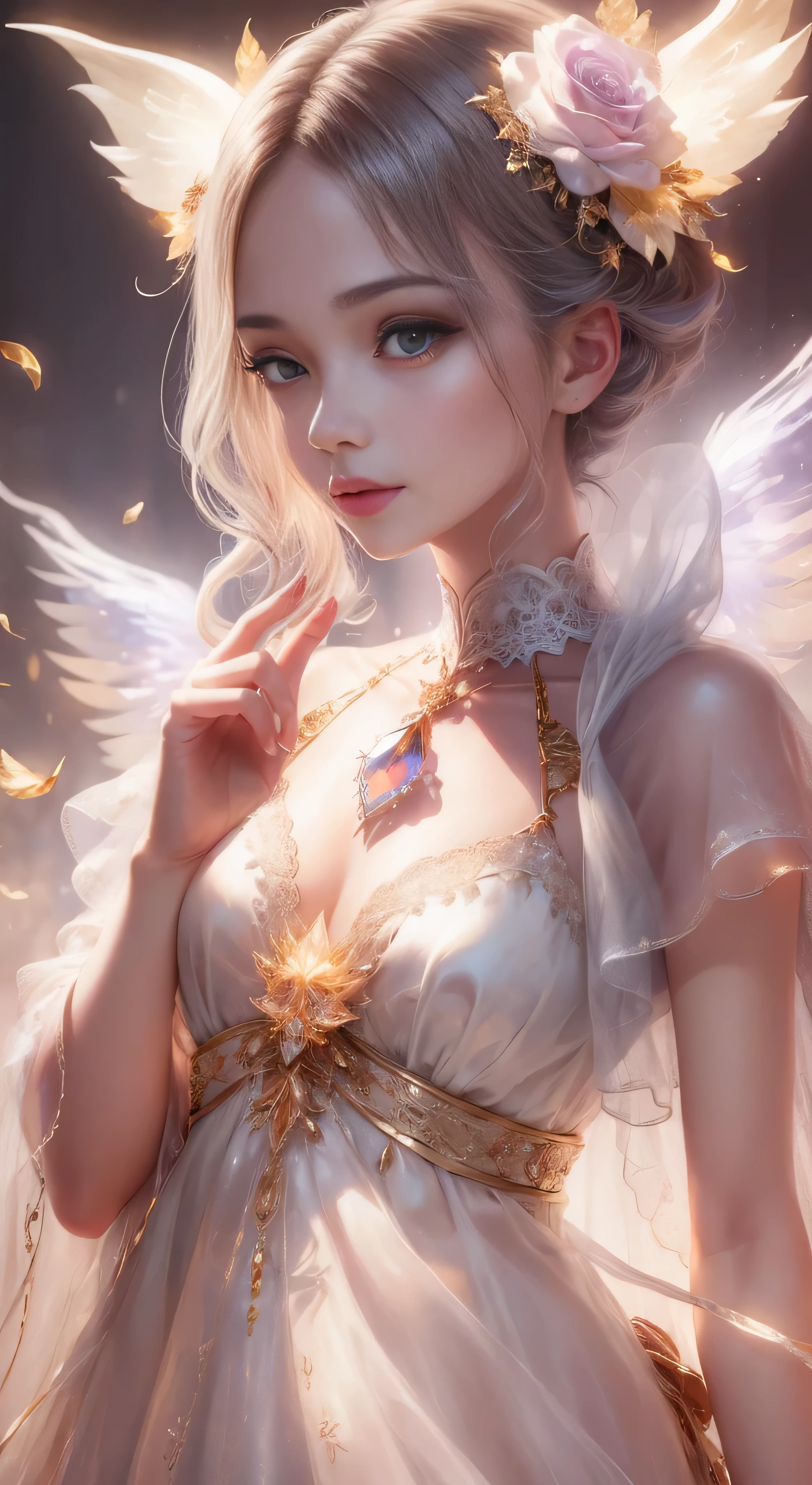 castle in the distance、face is in front、look at the camera、profile、8K、real photos、ultra high resolution, master parts, highest quality, ticker , cinematic images,nice girl、Ann、 only、Annグロサクソン、double eyelid、droopy eyes、very big eyes、eyes are purple、dark eye shadow、lips are very thin、The tip of your nose grows beautifully...........................................、small nose,,,,, very detailed , silver hair、straight short hair、smile、 sweet expression 、)、very clear shadows , jewelry , fine eyes, Very difficult, shiny skin , パーフェクトブリリAnnト, perfect sentence, dramatic shadow、white tiara on head、Gold necklace around the neck、White aristocratic dress with gold embroidery、glass high heels、angel wings