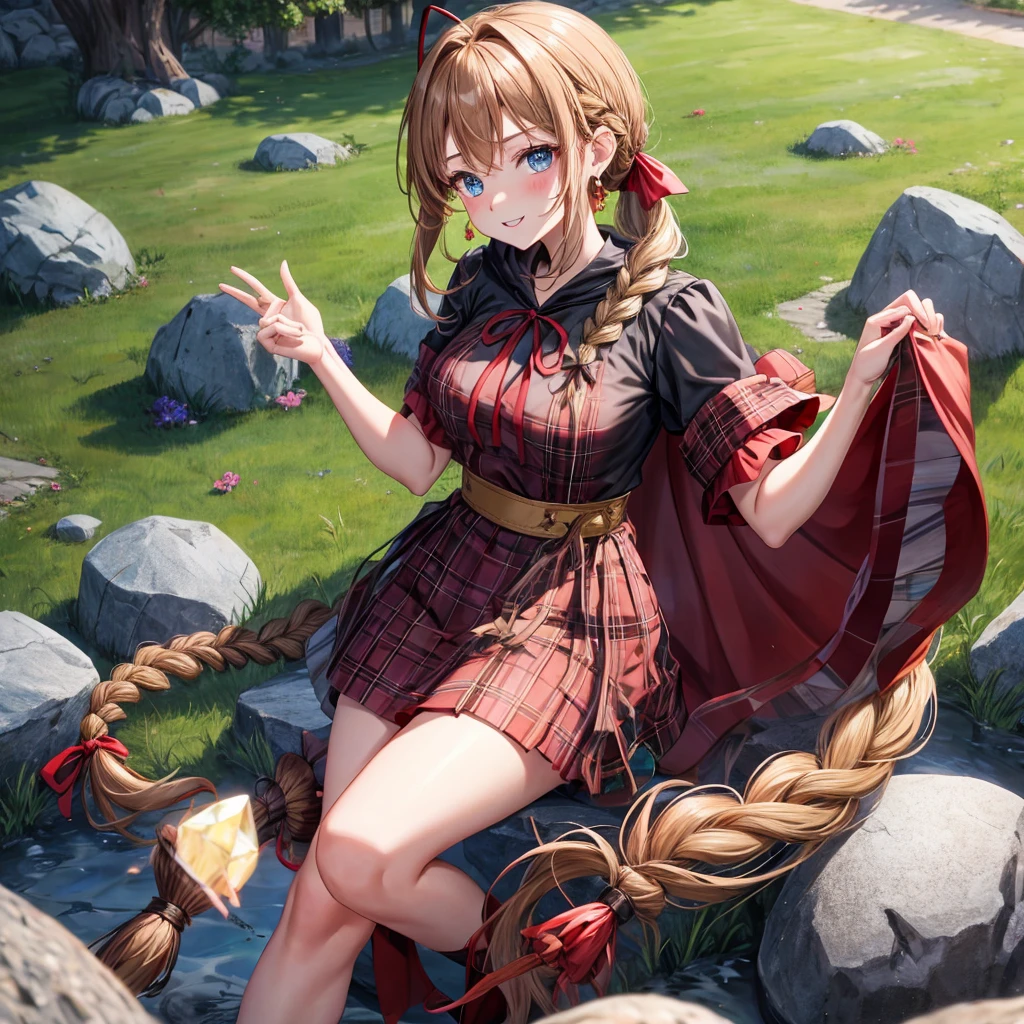 reddish-brown blonde、blue eyes、Braid、ponytail、one good looking girl、solo、anime、Plaid miniskirt、camisole、black t-shirt、dress、Doing the ribbon、Ribbon at waist、cloak、Crystal Grotto、wearing a hood、grass、clouds are swirling、stone slabs are piled up、One hand is raised、Wearing a baseball cap 、crystal earrings