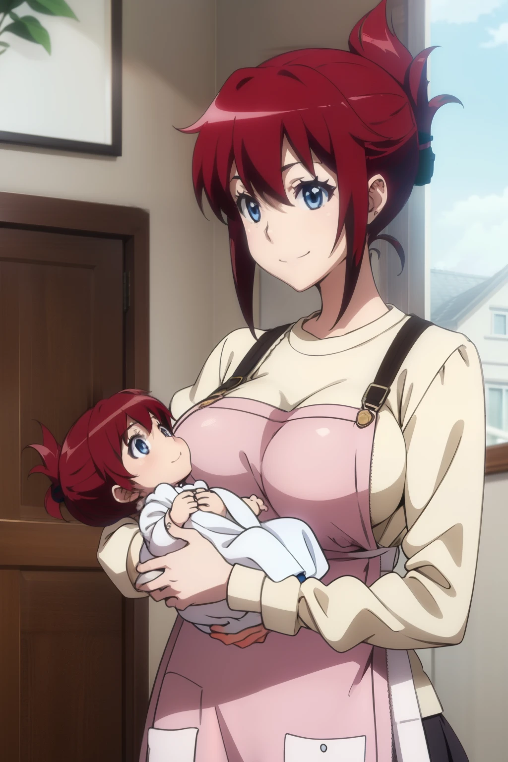 anime colored,sakurai aoi rw,blue eyes, red hair, short hair, folded ponytail,sweater,apron,gigantic breasts,(Holding a baby:1.5),Smile,((house wife)),(baby)