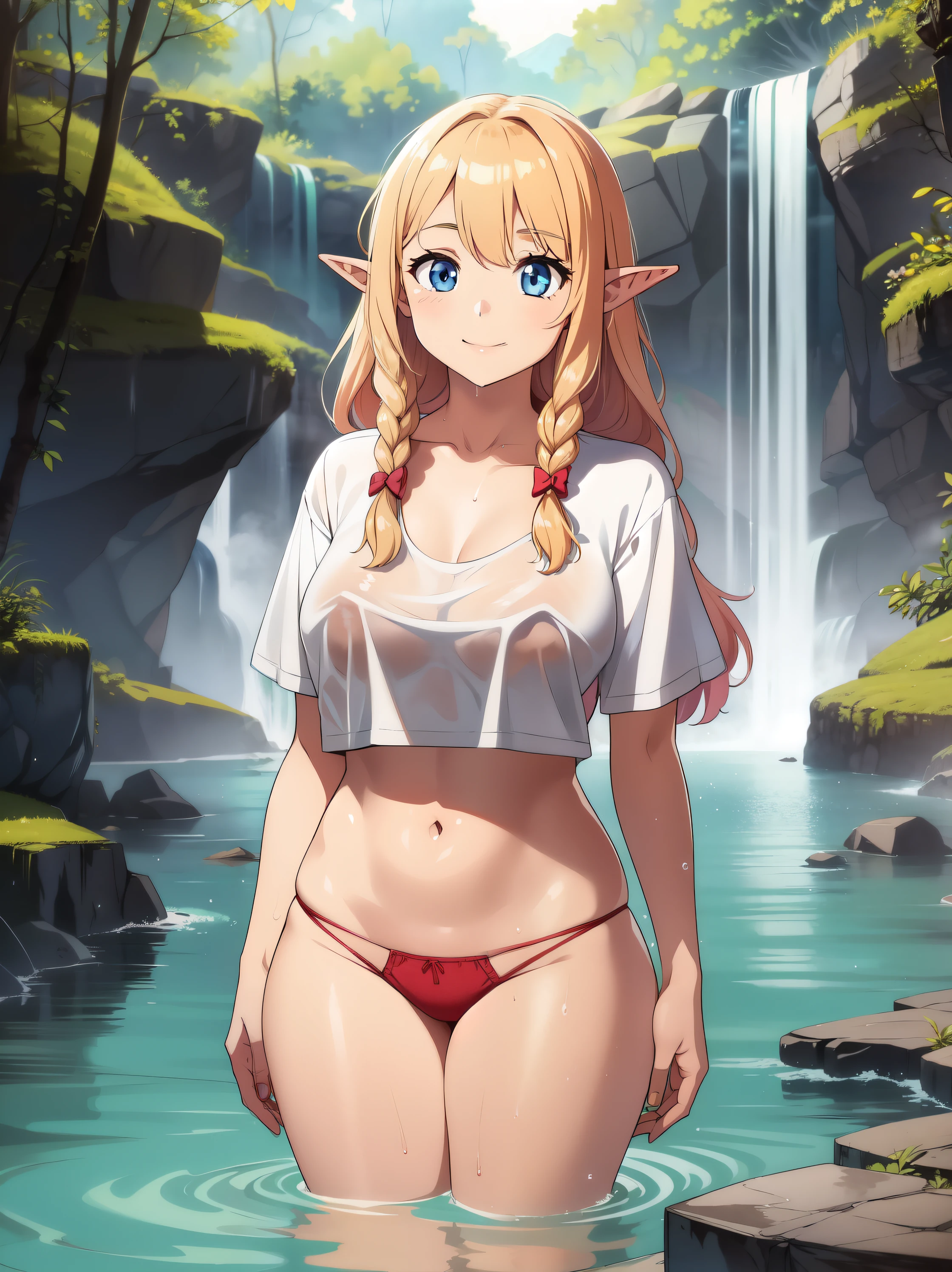 , (micro calcinha), Amarcille Donato cinematic still, 19 anos,duende,Orelhas pontudas,Cabelo longo,Twin braids,fita de cabelo,, sorridente, camiseta molhada, Standing under a waterfall, um lago na floresta tropical,