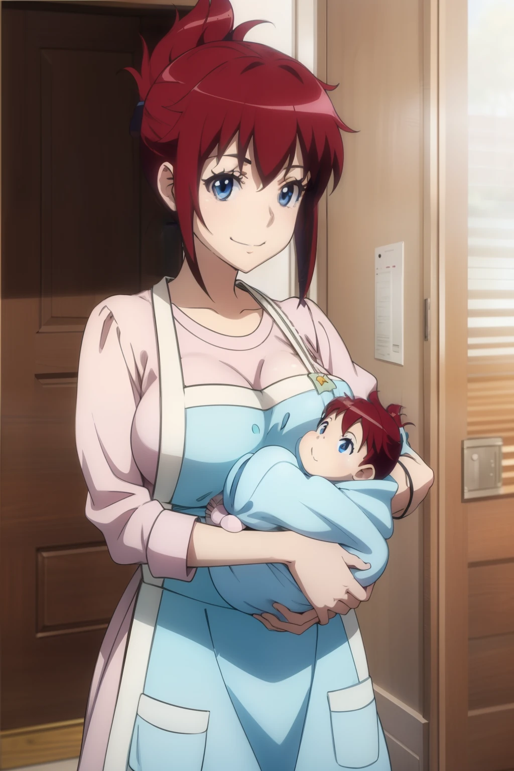 anime colored,sakurai aoi rw,blue eyes, red hair, short hair, folded ponytail,sweater,apron,gigantic breasts,(Holding a baby:1.5),Smile,((house wife)),(baby)