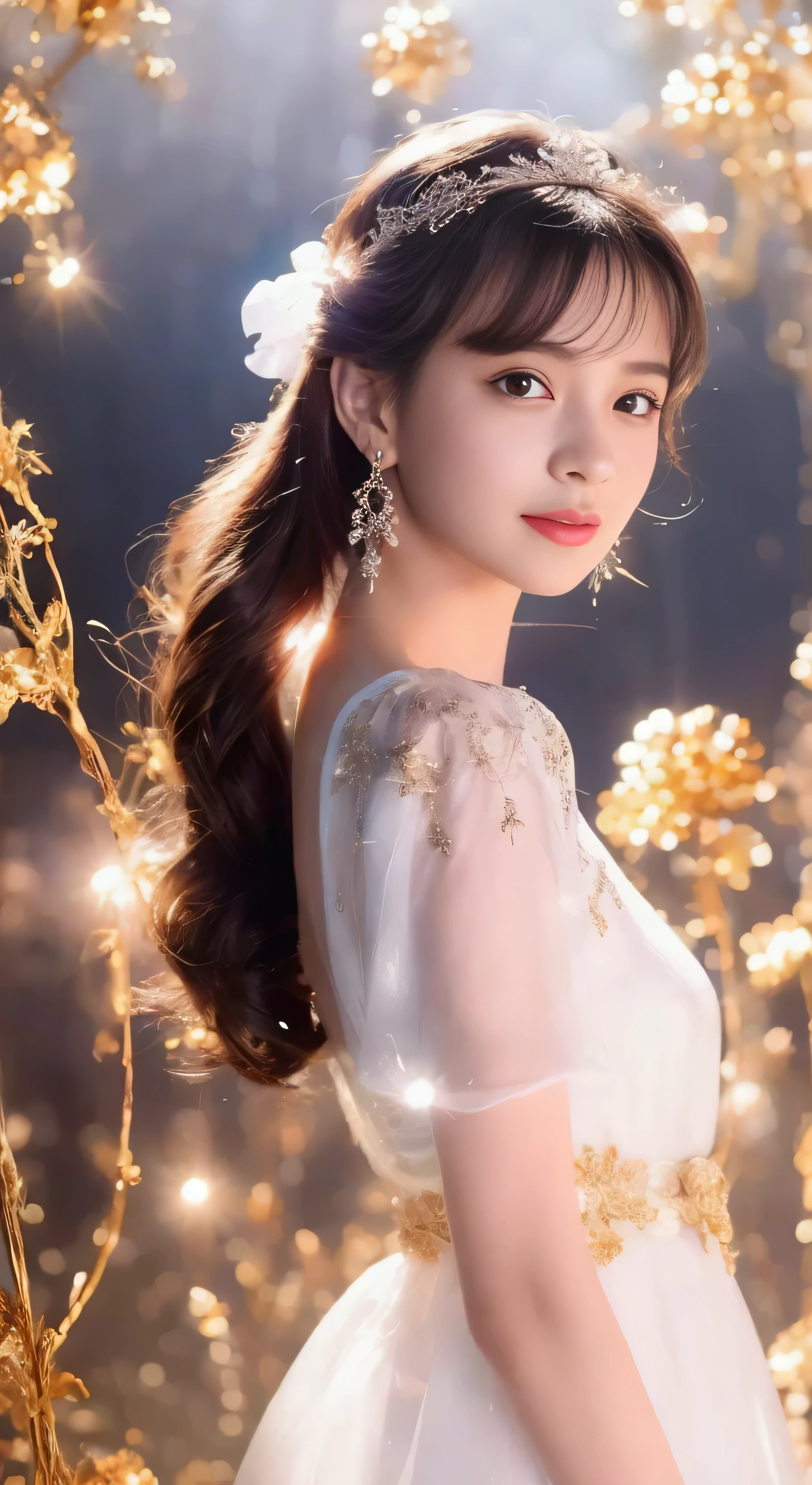 castle in the distance、face is in front、look at the camera、profile、8K、real photos、ultra high resolution, master parts, highest quality, ticker , cinematic images,nice girl、Ann、 only、Annグロサクソン、double eyelid、droopy eyes、very big eyes、eyes are purple、dark eye shadow、lips are very thin、The tip of your nose grows beautifully...........................................、small nose,,,,, very detailed , silver hair、straight short hair、smile、 sweet expression 、)、very clear shadows , jewelry , fine eyes, Very difficult, shiny skin , パーフェクトブリリAnnト, perfect sentence, dramatic shadow、white tiara on head、gold necklace around neck、White aristocratic dress with gold embroidery、glass high heels、angel wings