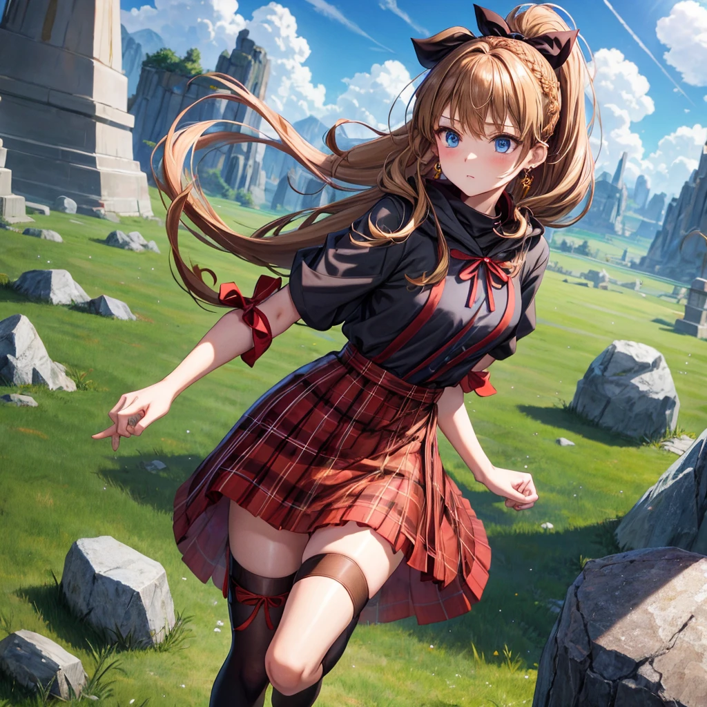 reddish-brown blonde、blue eyes、Braid、ponytail、one good looking girl、solo、anime、Plaid miniskirt、camisole、black t-shirt、dress、Doing the ribbon、Ribbon at waist、cloak、Crystal Grotto、wearing a hood、grass、clouds are swirling、stone slabs are piled up、One hand is raised、Wearing a baseball cap 、crystal earrings