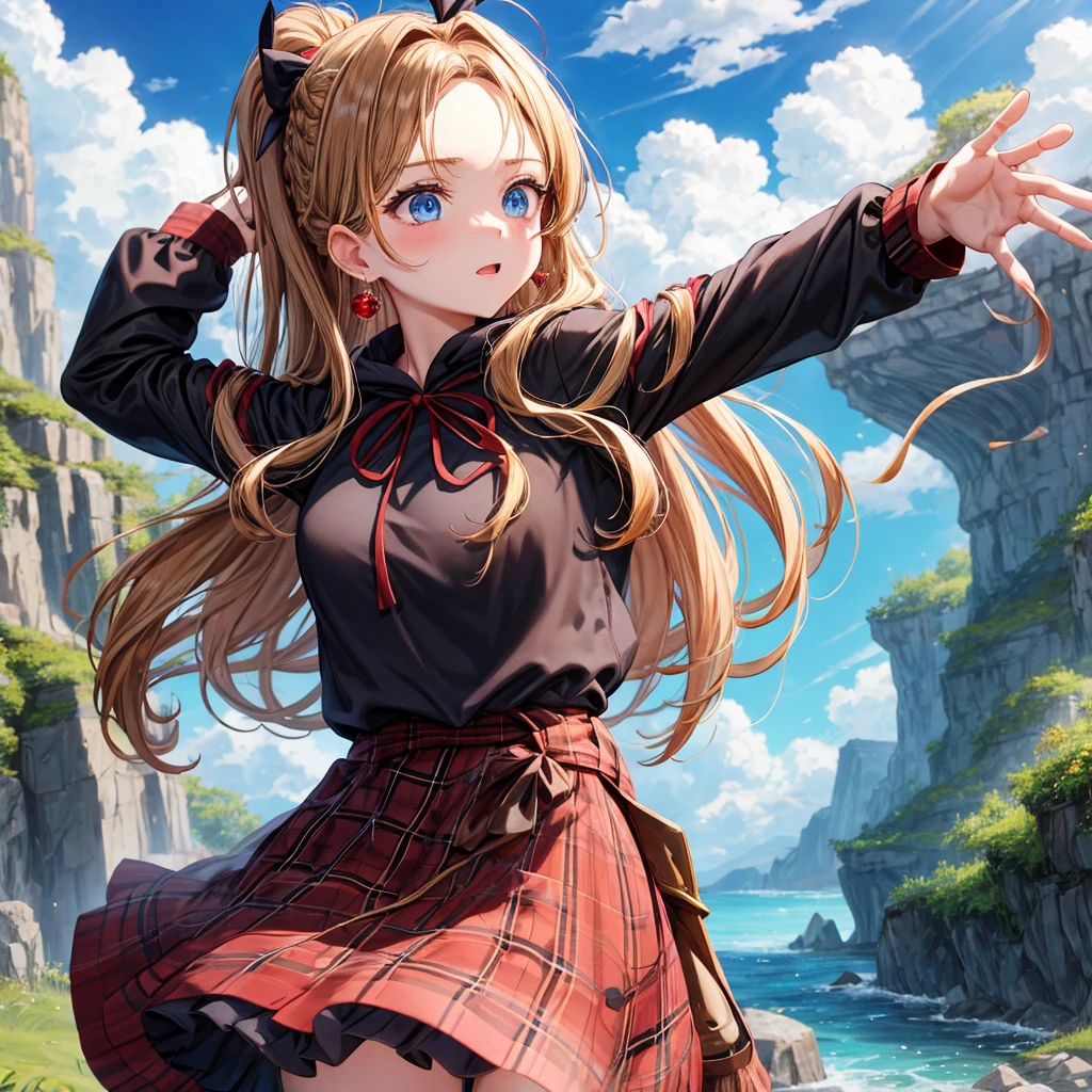 reddish-brown blonde、blue eyes、Braid、ponytail、one good looking girl、solo、anime、Plaid miniskirt、camisole、black t-shirt、dress、Doing the ribbon、Ribbon at waist、cloak、Crystal Grotto、wearing a hood、grass、clouds are swirling、stone slabs are piled up、One hand is raised、Wearing a baseball cap 、crystal earrings