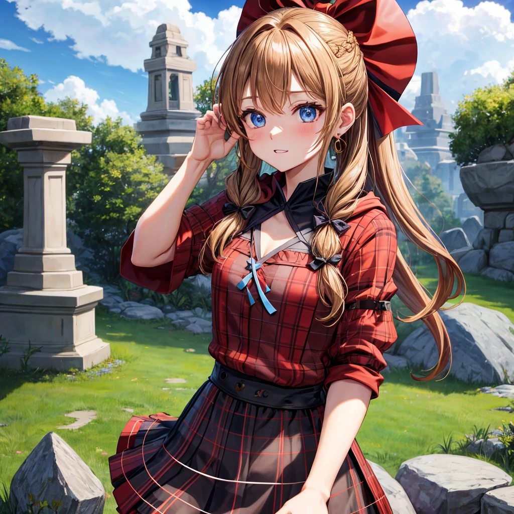 reddish-brown blonde、blue eyes、Braid、ponytail、one good looking girl、solo、anime、Plaid miniskirt、camisole、black t-shirt、dress、Doing the ribbon、Ribbon at waist、cloak、Crystal Grotto、wearing a hood、grass、clouds are swirling、stone slabs are piled up、One hand is raised、Wearing a baseball cap 、crystal earrings