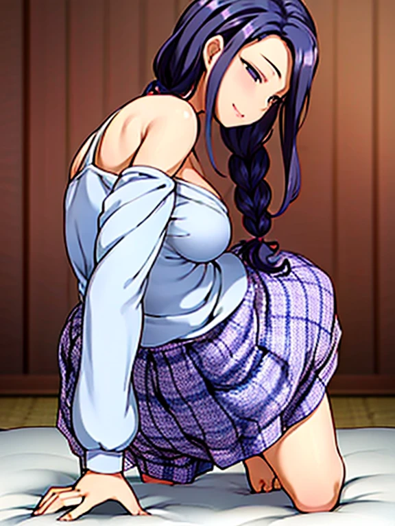 ((highest quality)), ((masterpiece)), (be familiar with), perfect face, one girl、、big breasts、small face、long hair、silky hair、Braid in one place、Pastel blue colored hair、Clothes with protruding shoulders、white colored clothes、Sheer clothes、Clothes without sleeves、ギンガムチェックのmini skirt、mini skirt、Full body figure、つま先から頭のてっぺんまでのFull body figure、足先から頭までのFull body figure、crawl on all fours、No underwear、Zori sandals、