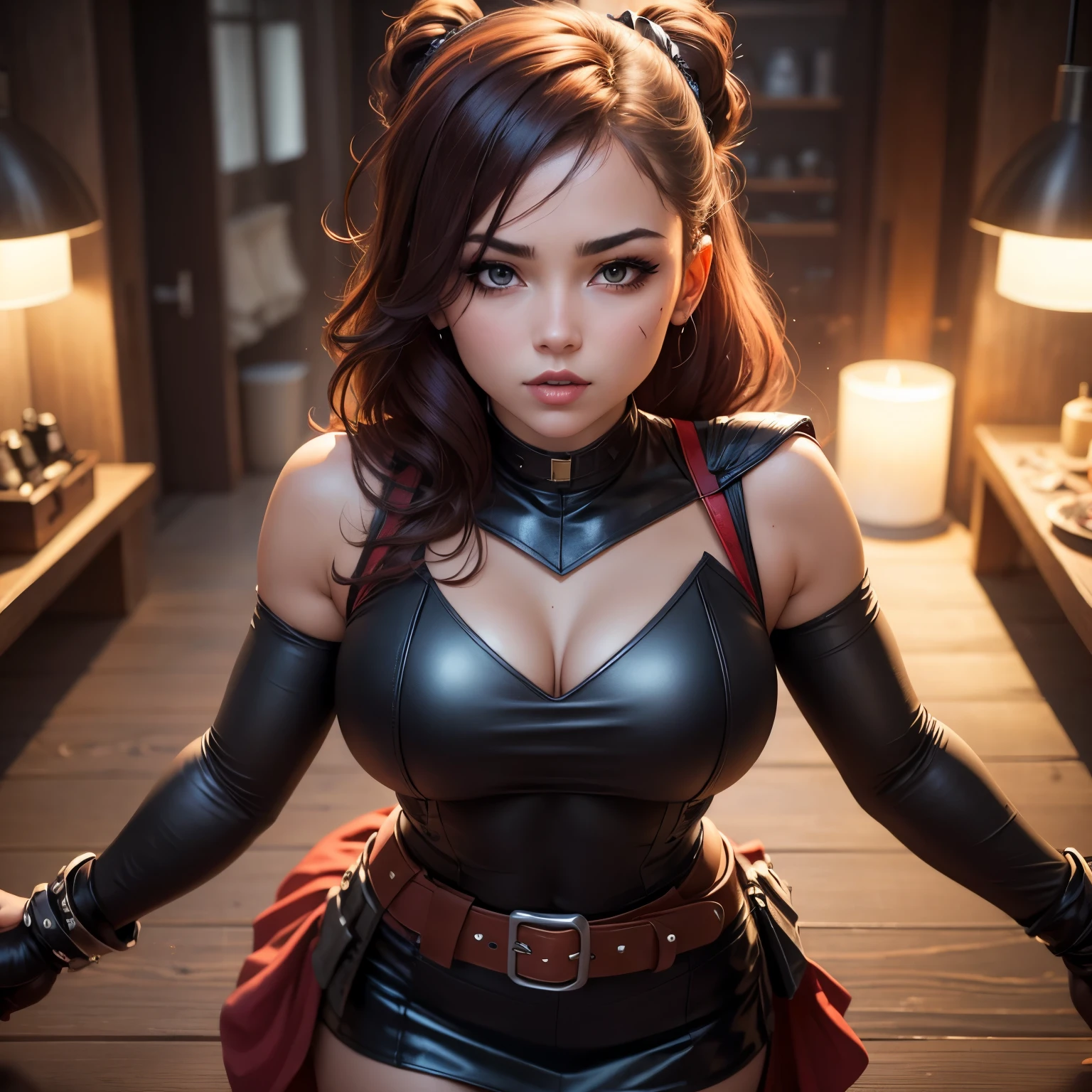 Sexy woman, fit, dark red hood, eyeliner, smokey eyes, face painting, sleeveless leather bustier, dark red skirt, brown belt, hands covered with paintings