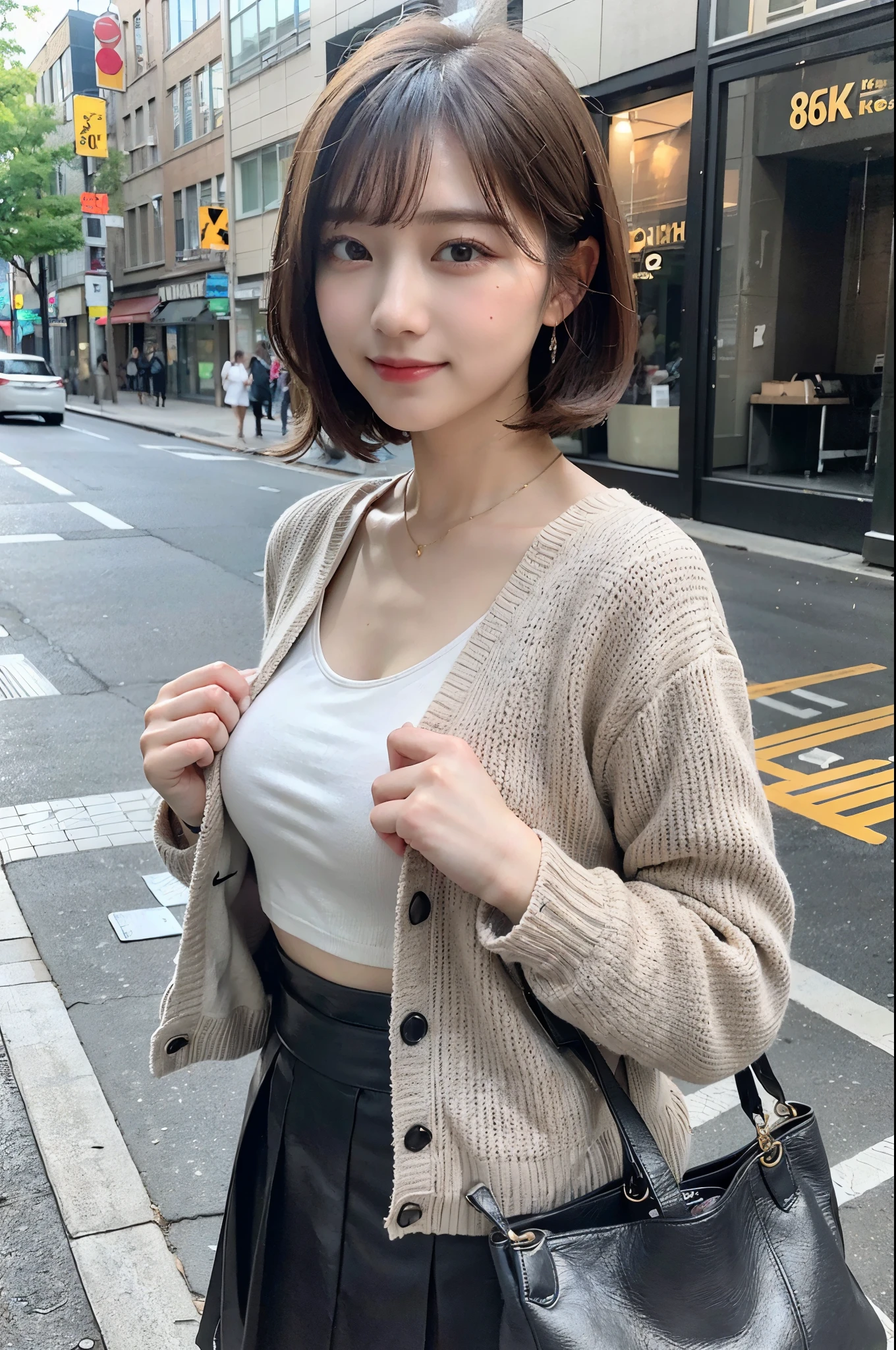 ((8K:1.27)、highest quality、masterpiece、ultra high resolution:1.2)photograph、photograph、japanese woman、elegant、neat、cute、shortcut、laughter、24-years-old、elegant、handsome face、gentle smile、Close-up of a woman wearing a gray jacket and white skirt, plain colors、with short hair, Grey halter top, halter top, halter neck, gray top, (super realistic pantyhose:1.3)、Omotesando、street tree、Morning cityscape、fashionable town、The morning sun is dazzling、small breasts、street tree、胸を強調したhalter top、angle from the side、hair blowing in the wind、tote bag、(full body shot:1.5),