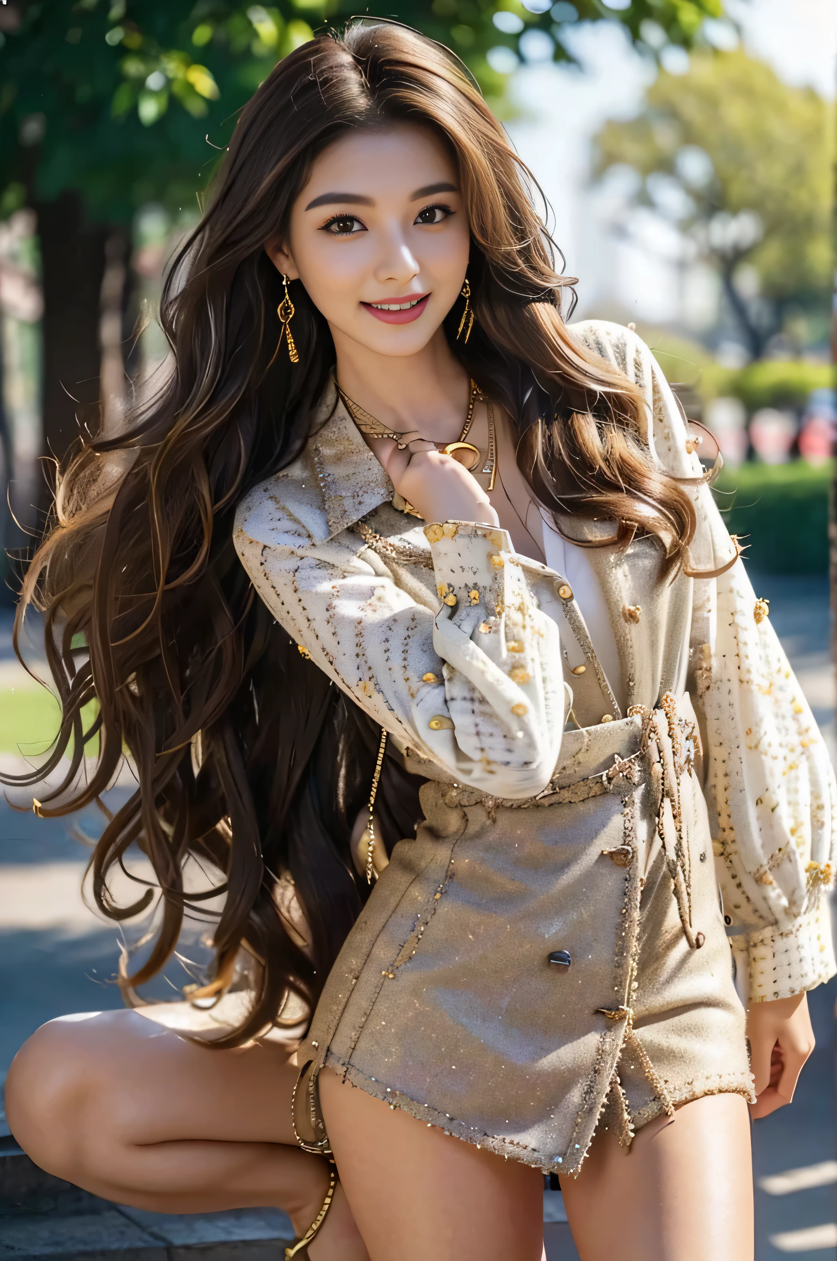 1 beauty、one person perspective、glamorous body、long hair、curly hair、blonde、smooth skin、brown eyes、smile、魅惑的なsmile、Flashy makeup、((intricately patterned shirt dress))、open shirt、knit sandals、silver accessories、realist、Plain Air、ultra realistic 8k、super detailed and realistic、bold pose、big ass、taking a walk in the park、walk in the garden、hair blowing in the wind、((Super long brown hair:1.2)),((Hair with loose waves inside:1.2)),((gold necklace＿Large earrings:1.2)),((white long sleeve button blouse_brown tweed miniskirt:1.3)),
