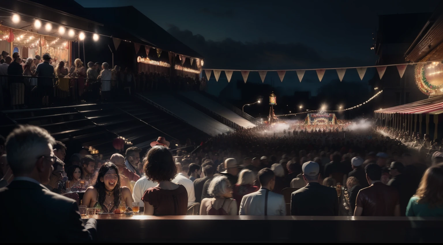 (old carnival party),(various people),(floats),(people drinking),(bleachers),(realistic:1.2),(8k),(oil painting),(bright colors),(nostalgic),(soft lighting)