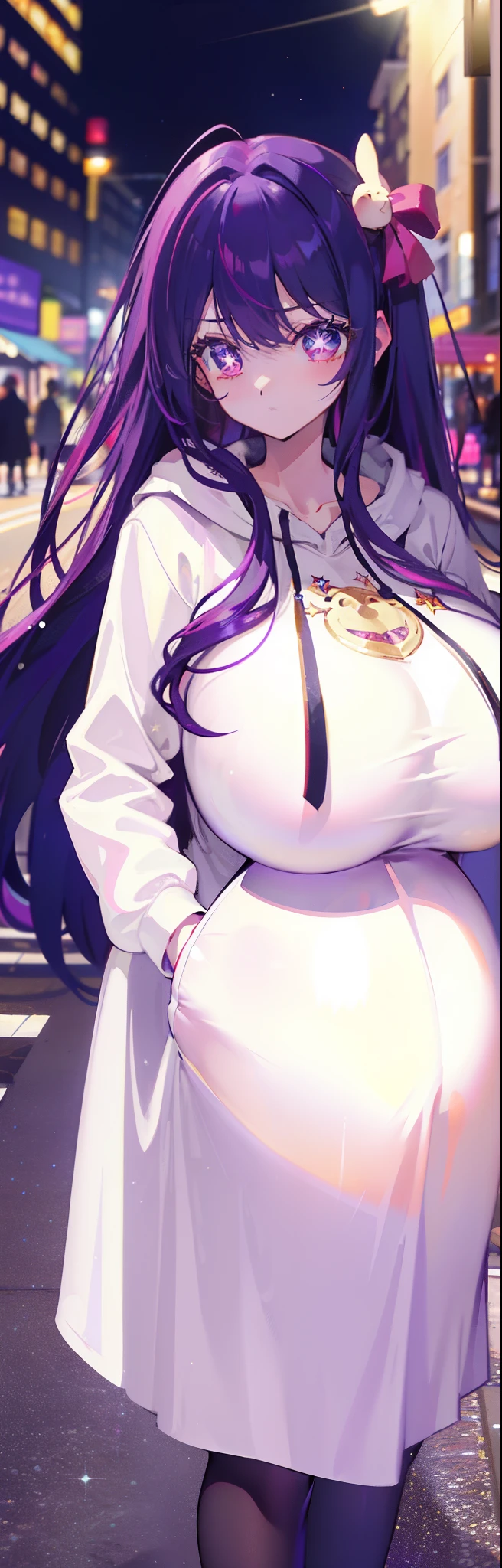 ((Masterpiece, Best Quality)),
1girl, Purple Hair, Bangs, Long_Hair,City,street,
Cowboy shot,(Hoodie),Open white coat,
(Stars in the Eyes,sparkle in the eyes,puffy eyes,
clear eyes, beautiful six-pointed star eyes),
((huge breasts, pregnant)),happy face,
Ai Hoshino,shiny skin,(silhouette),
black pantyhose,hair ornaments,
(Include the entire breast and stomach on the screen),standing,