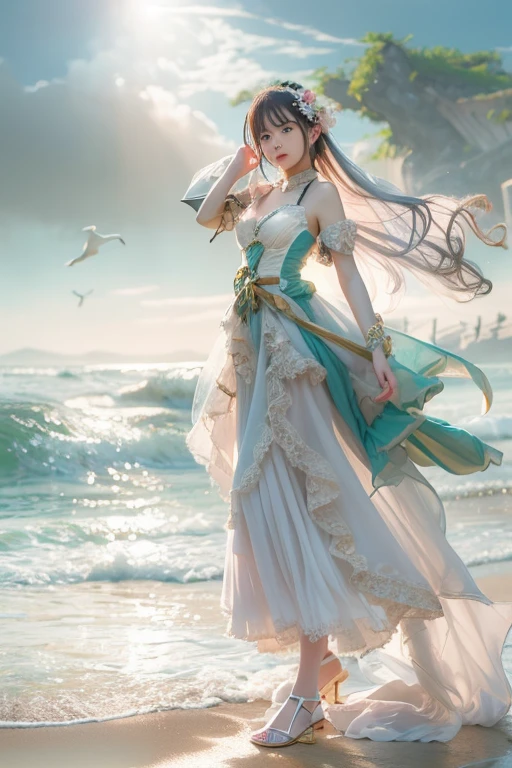 master piece、highest quality、detailed、dress、standing position、raise your hand、armpit、from the front、((contrasting eyes))、beach
