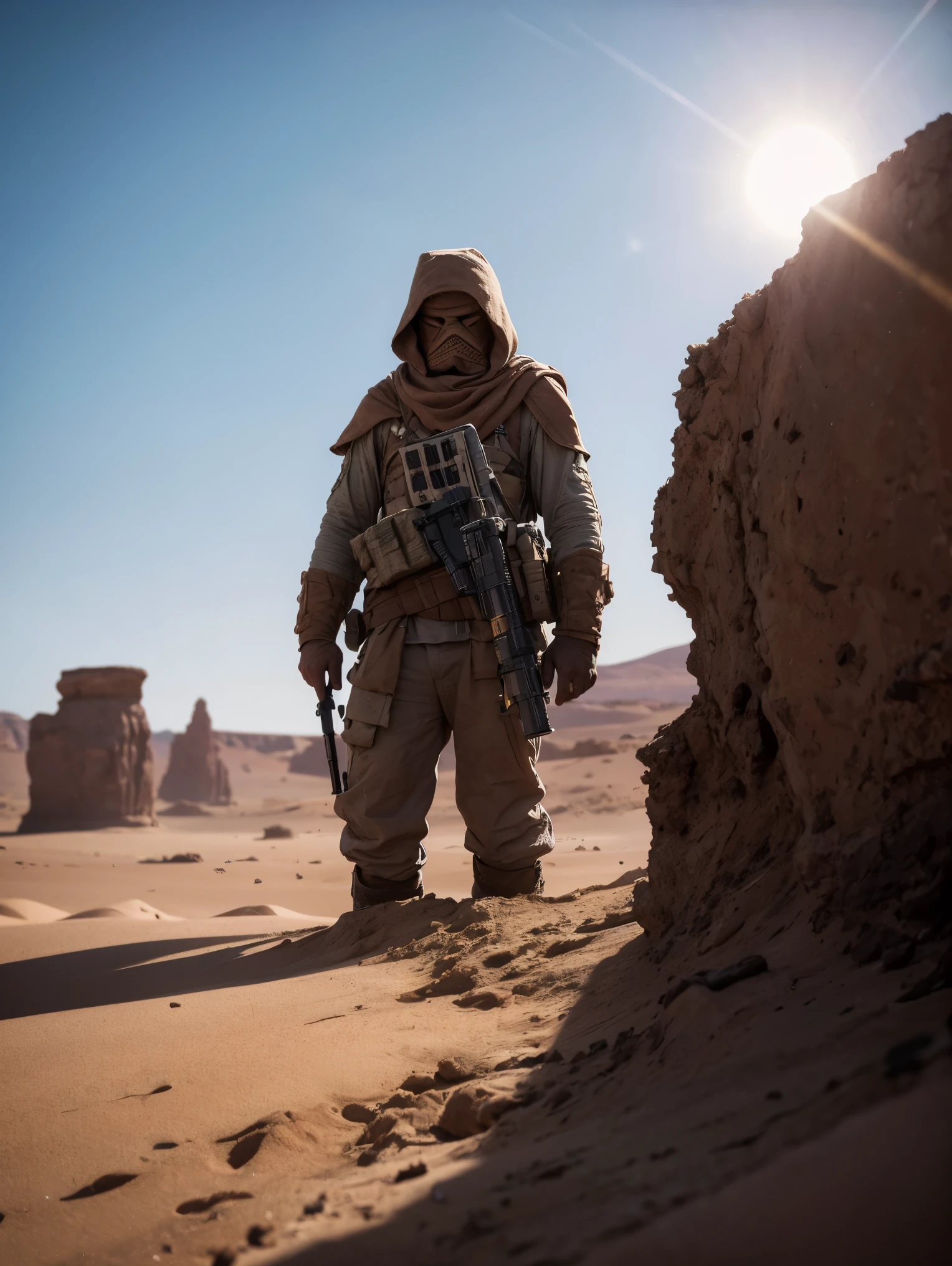 8k resolution, best quality, masterpiece:1.2, realistic, photo-realistic:1.37, ultra-detailed, best quality, ultra high res, professional lighting, photon mapping, radiosity, physically-based rendering, cinematic lighting, unreal engine, depth of field, sharp focus, raw photo, good composition, bokeh:1.2, 35mm lens:1.25, (Tusken Raider)+, Desert planet, sandy winds, crouched behind rock, shooting to the right with a blaster rifle,
