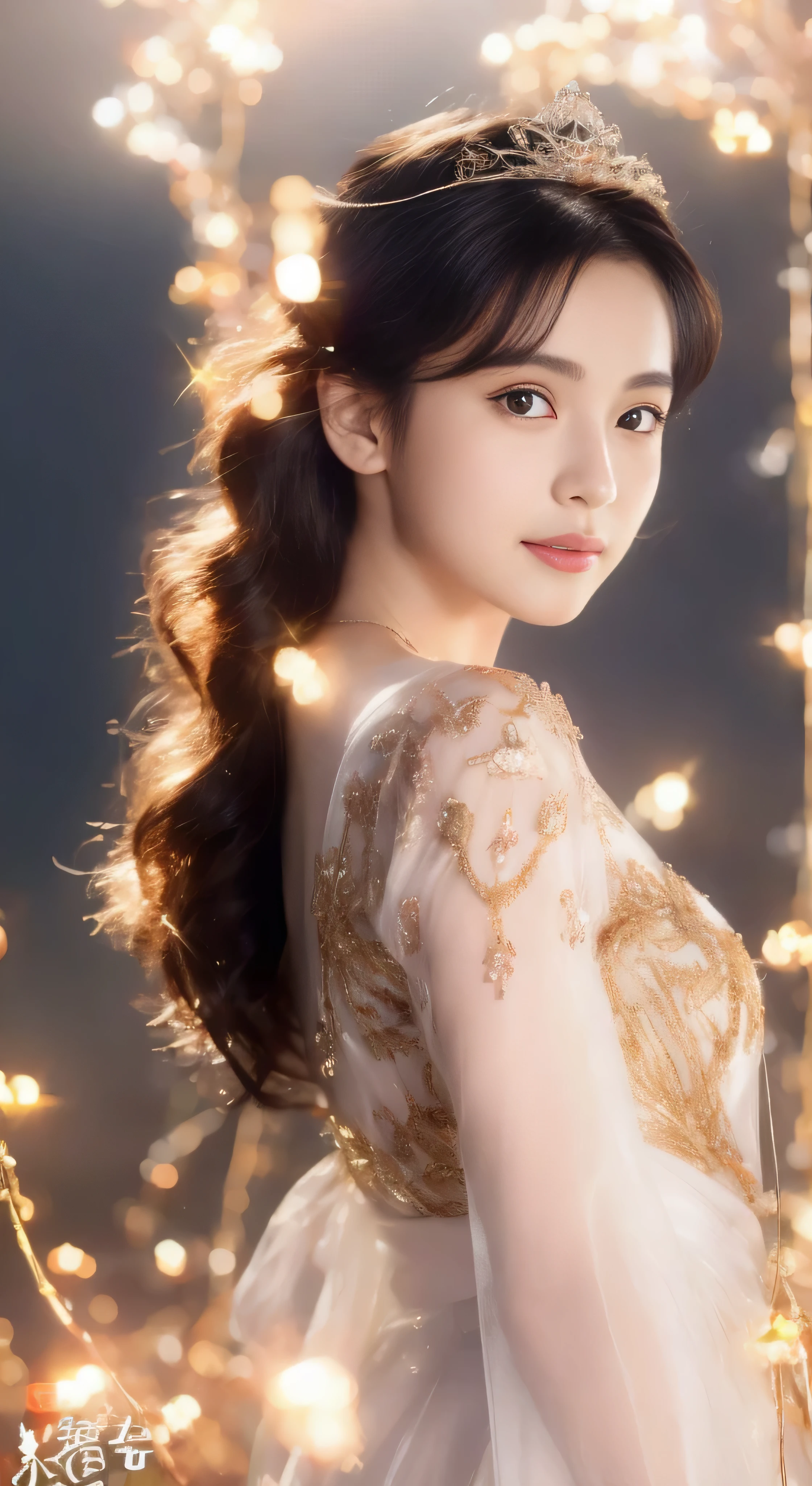 castle in the distance、face is in front、look at the camera、profile、8K、real photos、ultra high resolution, master parts, highest quality, ticker , cinematic images,nice girl、Ann、 only、Annグロサクソン、double eyelid、droopy eyes、very big eyes、eyes are purple、dark eye shadow、lips are very thin、The tip of your nose grows beautifully...........................................、small nose,,,,, very detailed , silver hair、straight short hair、smile、 sweet expression 、）、very clear shadows , jewelry , fine eyes, Very difficult, shiny skin , パーフェクトブリリAnnト, perfect sentence, dramatic shadow、white tiara on head、gold necklace around neck、White aristocratic dress with gold embroidery、glass high heels、angel wings