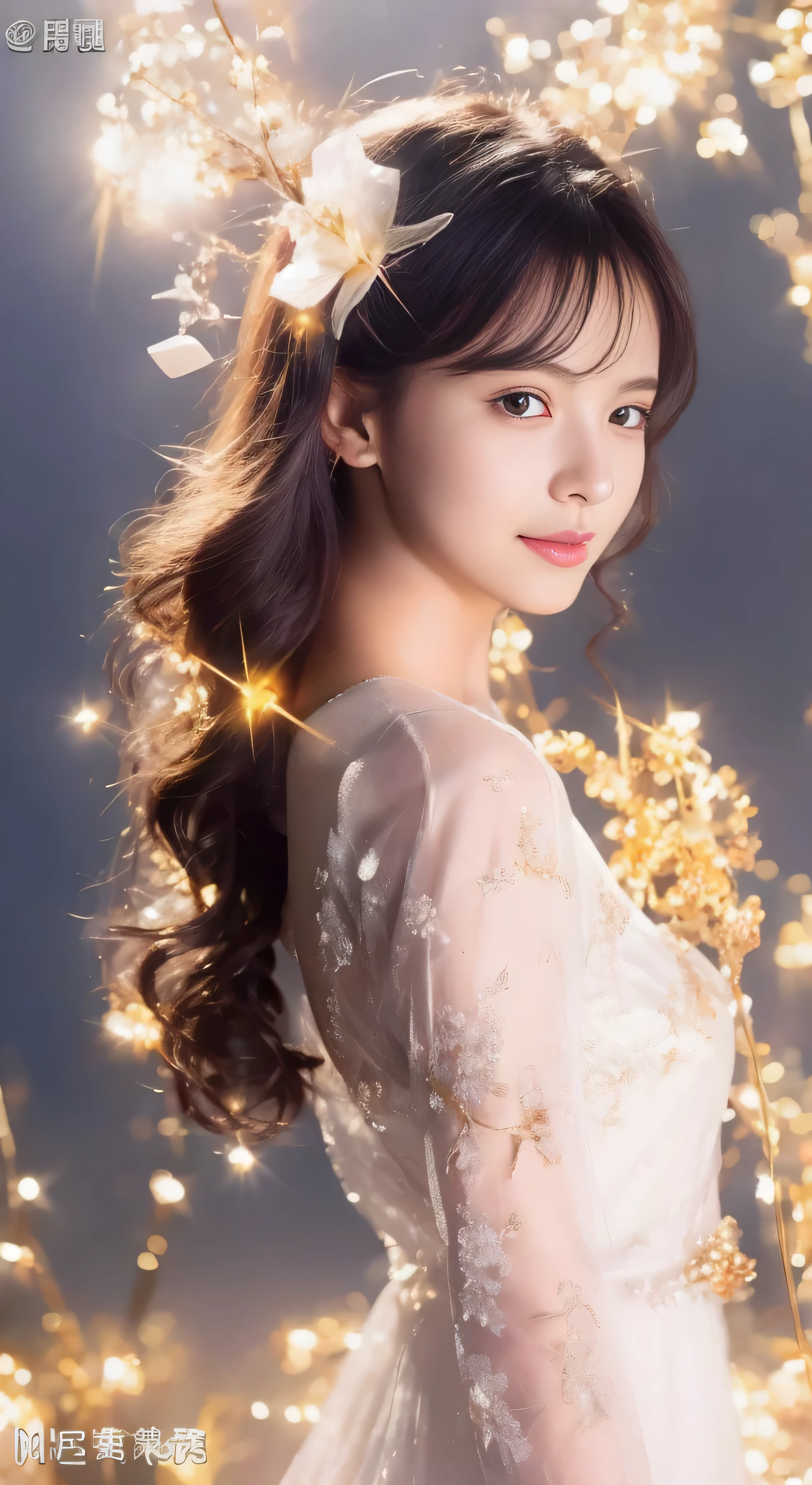 castle in the distance、face is in front、look at the camera、profile、8K、real photos、ultra high resolution, master parts, highest quality, ticker , cinematic images,nice girl、Ann、16 only、Annグロサクソン、double eyelid、droopy eyes、very big eyes、eyes are purple、dark eye shadow、lips are very thin、The tip of your nose grows beautifully...........................................、small nose,,,,, very detailed , silver hair、straight short hair、smile、 sweet expression 、）、very clear shadows , jewelry , fine eyes, Very difficult, shiny skin , パーフェクトブリリAnnト, perfect sentence, dramatic shadow、white tiara on head、gold necklace around neck、White aristocratic dress with gold embroidery、glass high heels、angel wings