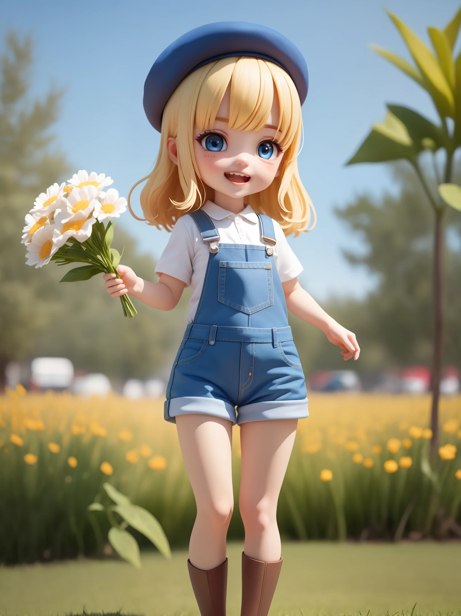 (masterpiece),(highest quality),(super detailed), (whole body:1.2),1 girl,Little,cute, smile, open your mouth,（(No teeth)）,blush,BREAK（Blonde bob hair）,blue eyes,BREAK（standing pose）,（holding a large bouquet in hand）,BREAK（blue and red beret）,BREAK（White polo shirt）,BREAK（Denim overalls）,BREAK（field,Beautiful park,daytime）,(beautiful detailed face), (beautiful and fine eyes),blurry
 