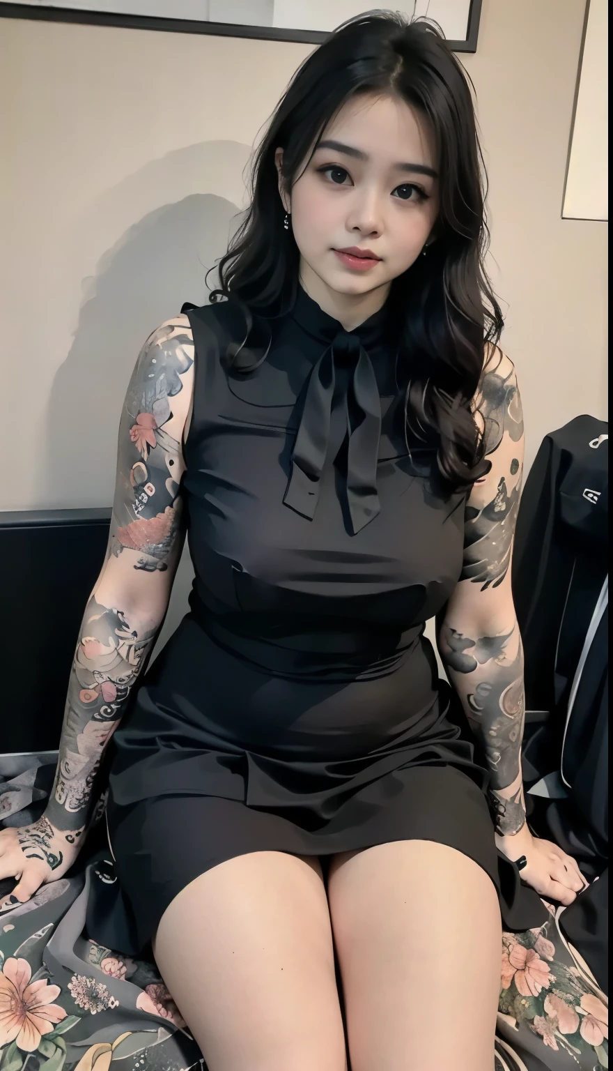 ((best quality)), ((masterpiece)), (detailed), perfect face, Beautiful, mother-in-law, asian-Indonesian , voluptuous, wearing random brown clothes (formal), In the black room, seductive expression, chubby body, nice body, milf chubby, chinese-Indonesian. Full body, big arm, wide hips , wearing a sneakers, bob hairstyle, baby face , chubby cheeks, 40 year old, chubby tall woman, tattooed thighs , yakuza tattoos , big thighs, big armpits , chubby massive cheeks , thick neck, cold atmosphere, low light, wavy short haired, big breasts, showing her armpits , thick woman, massive thighs, thick arms, bbwchan, large breast