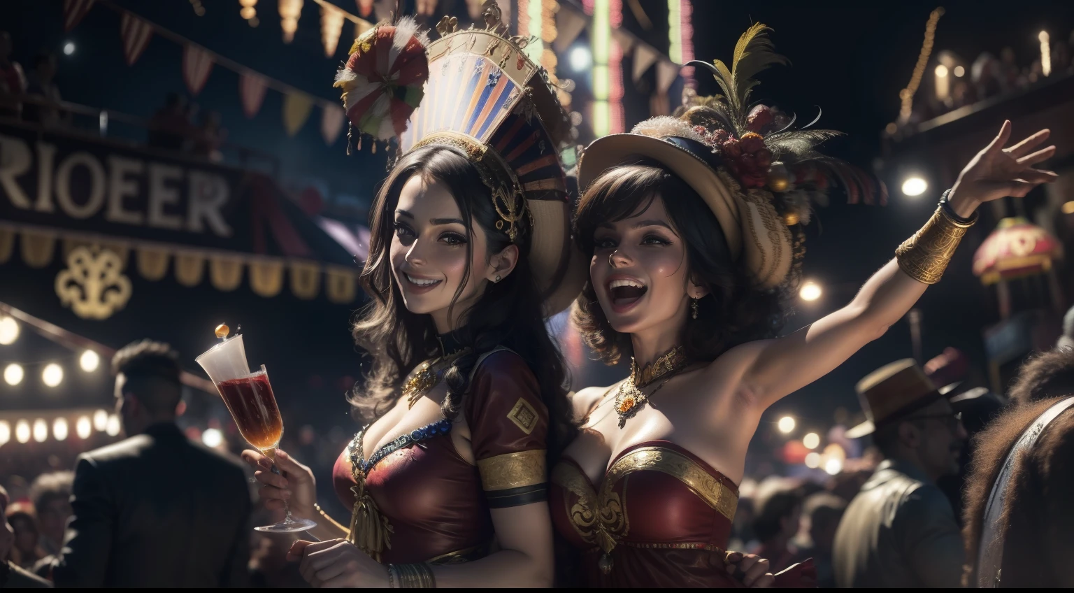 carnival party floats, people drinking, bleachers, (realistic:1.1), (8k:1.1), (oil painting:1.1), vibrant colors, lively atmosphere, cheering crowd, joyful celebration, dynamic poses, detailed expressions, beautiful costumes, dazzling lights, festive decorations